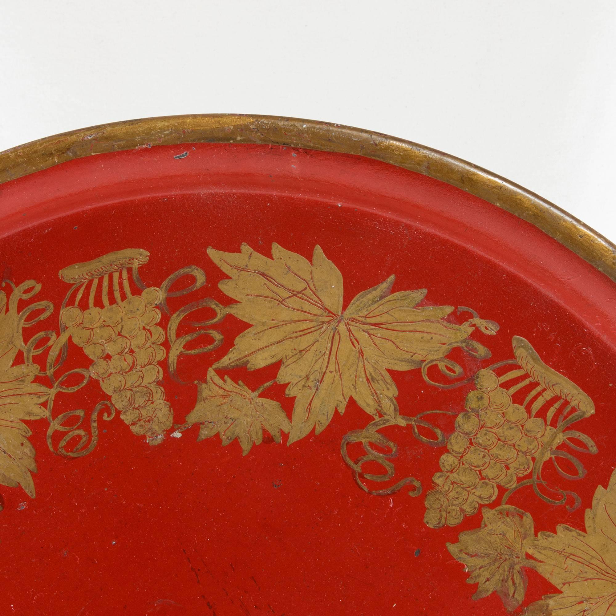 French Late 19th Century Napoleon III Period Red Tole Tray with Hand Painted Grapes