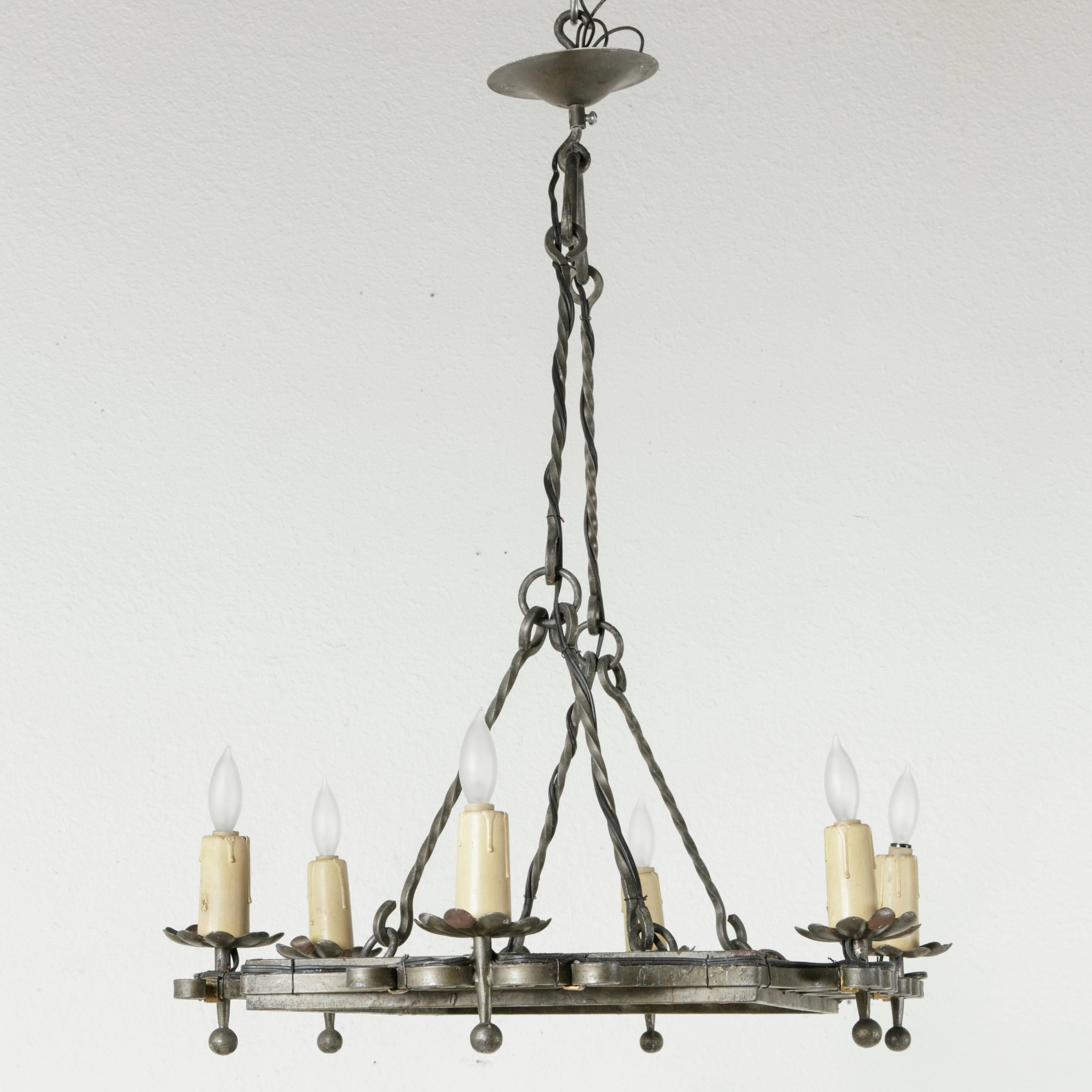 Mid-20th Century French Hand-Forged Iron Chandelier or Pot Rack with Six Lights In Excellent Condition In Fayetteville, AR