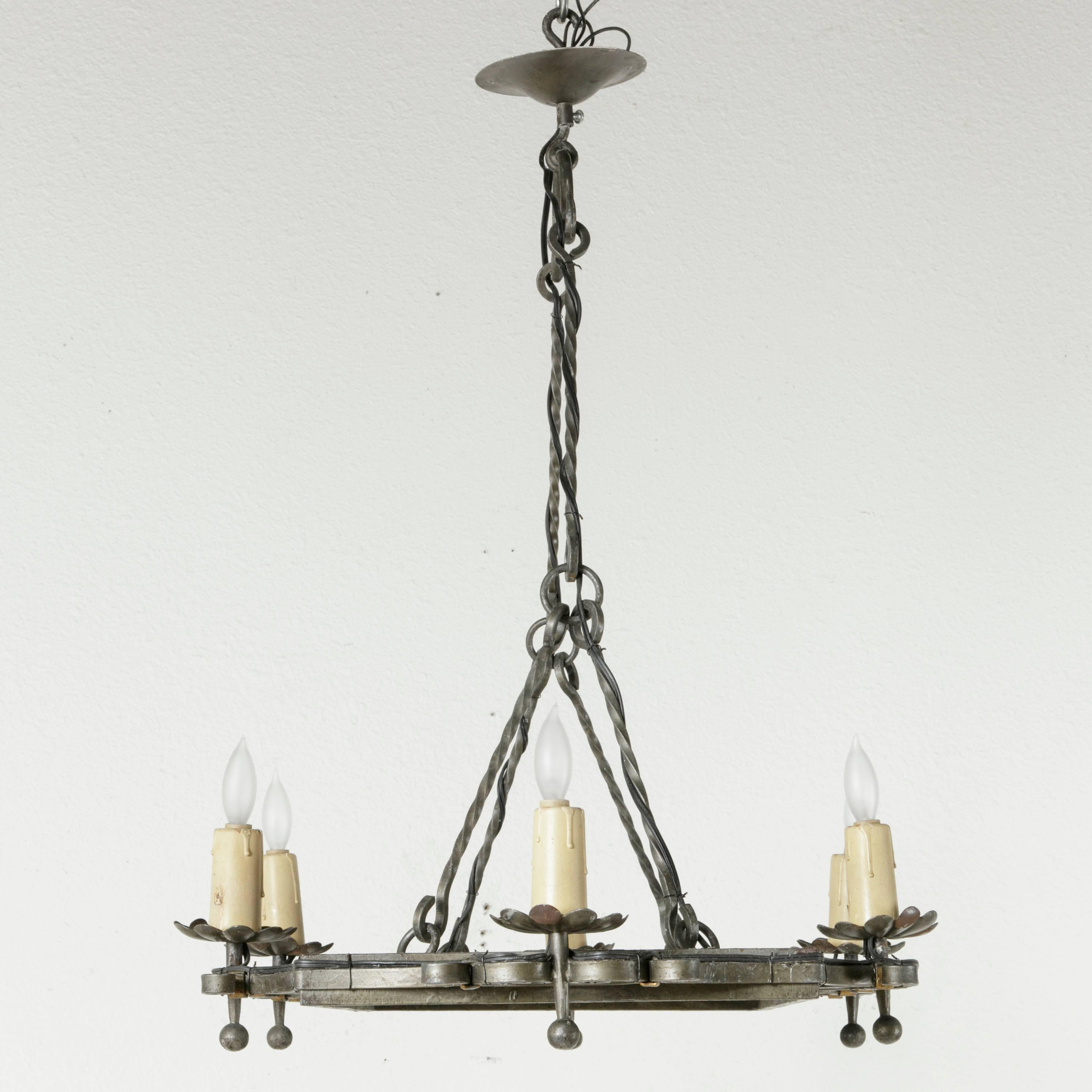 Berlin Iron Mid-20th Century French Hand-Forged Iron Chandelier or Pot Rack with Six Lights