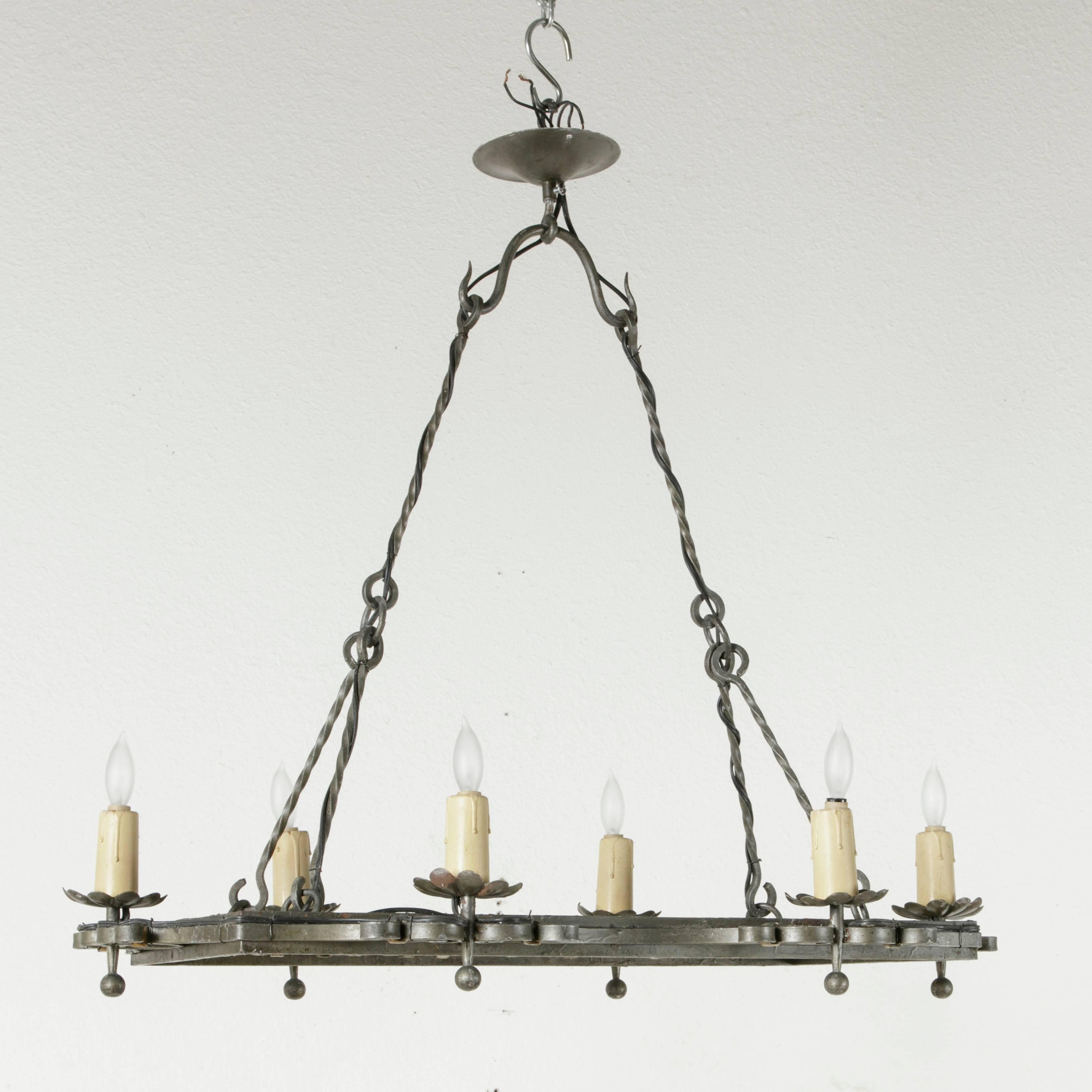 Mid-20th Century French Hand-Forged Iron Chandelier or Pot Rack with Six Lights 1