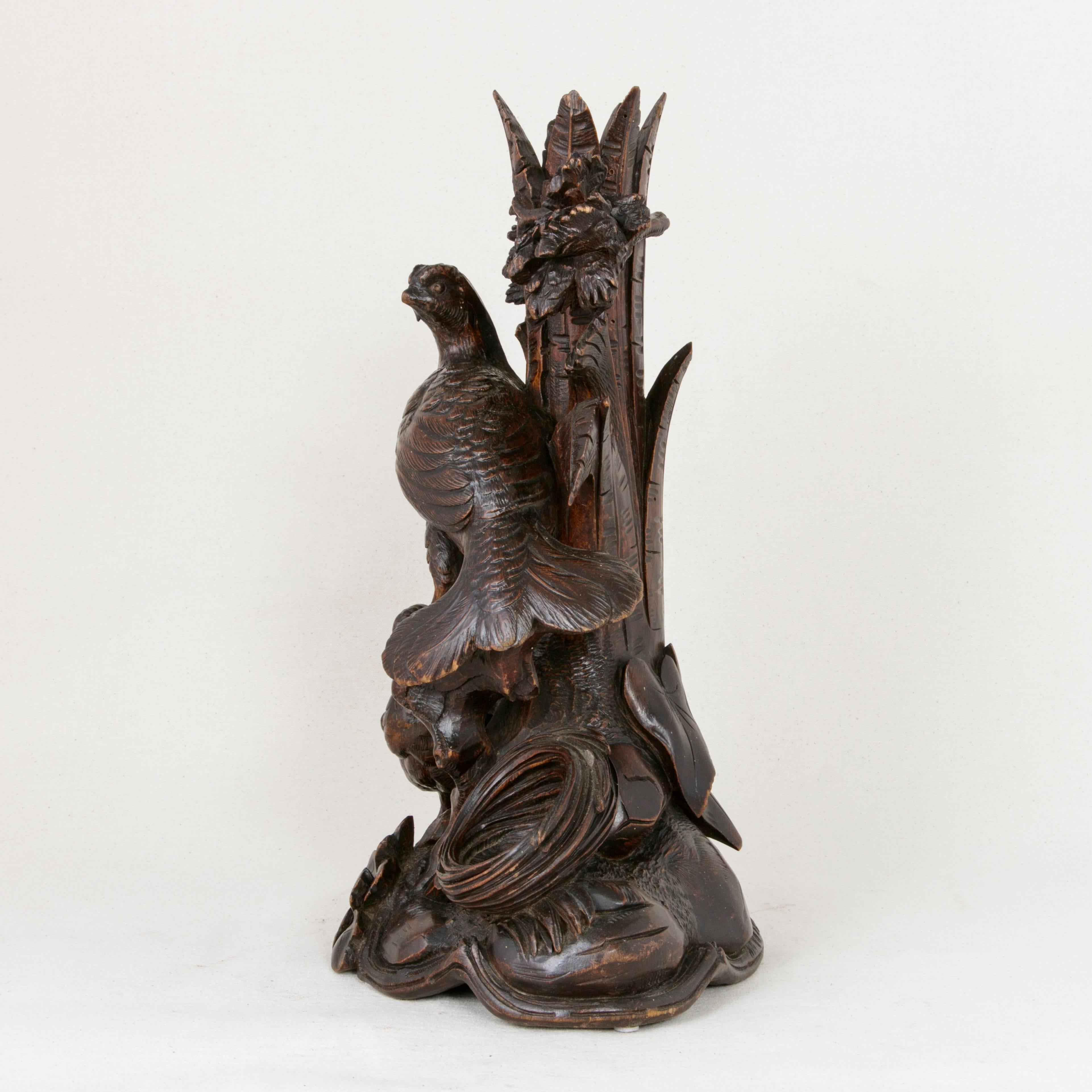 Early 20th Century French Hand-Carved Black Forest Vase or Candlestick with Game Birds, circa 1900