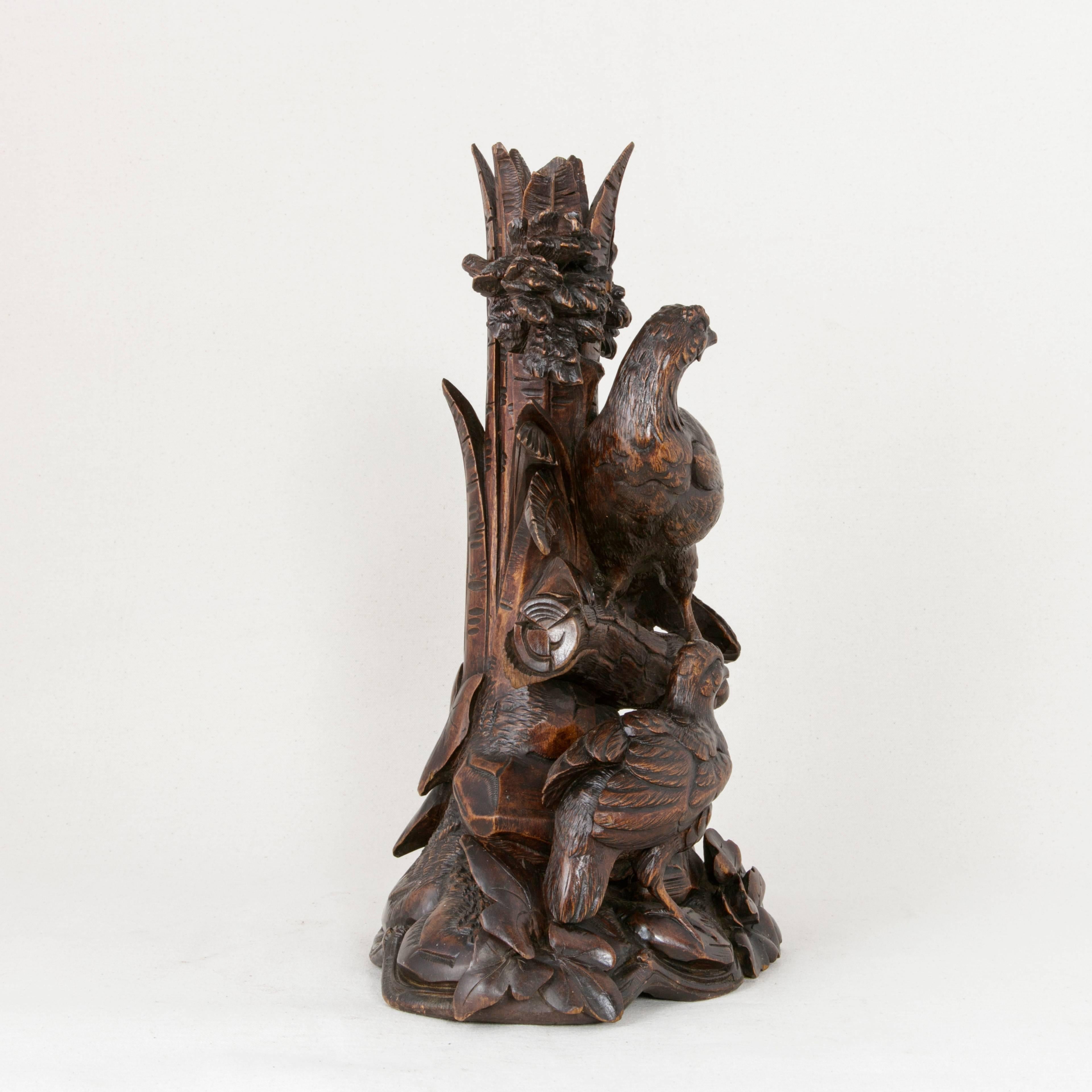 Wood French Hand-Carved Black Forest Vase or Candlestick with Game Birds, circa 1900