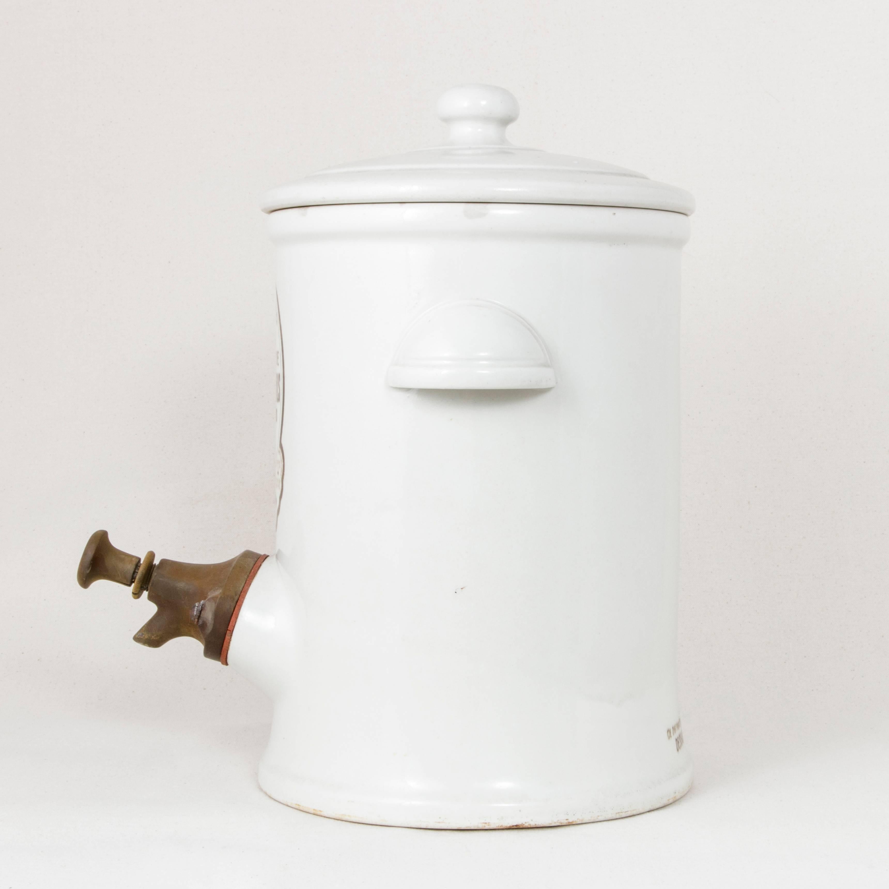 French Large Early 20th Century Faience Mustard Pot or Dispenser Marked Dessaux Fils