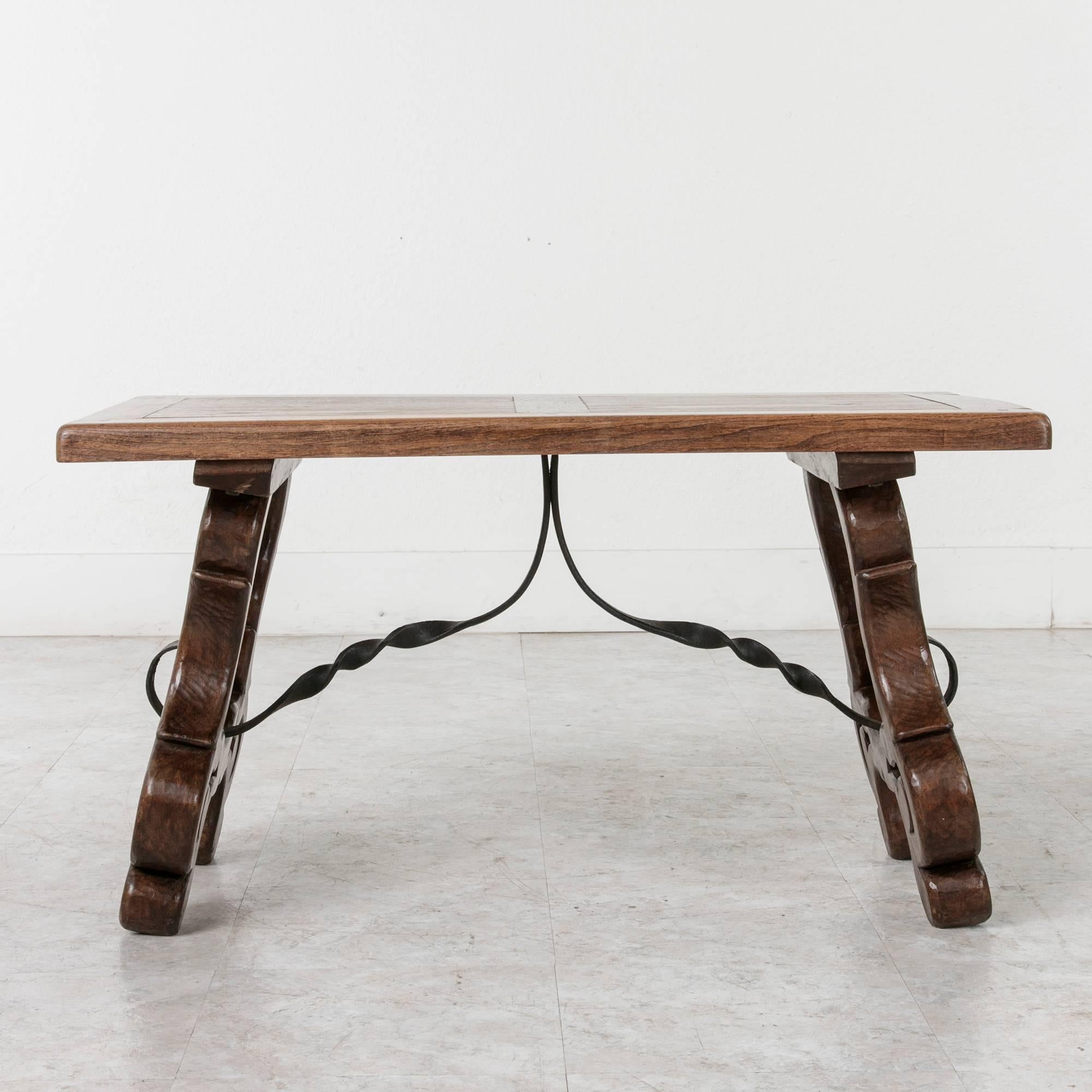 Wrought Iron Early 20th Century Spanish Style Oak Coffee Table or Bench with Iron Stretcher