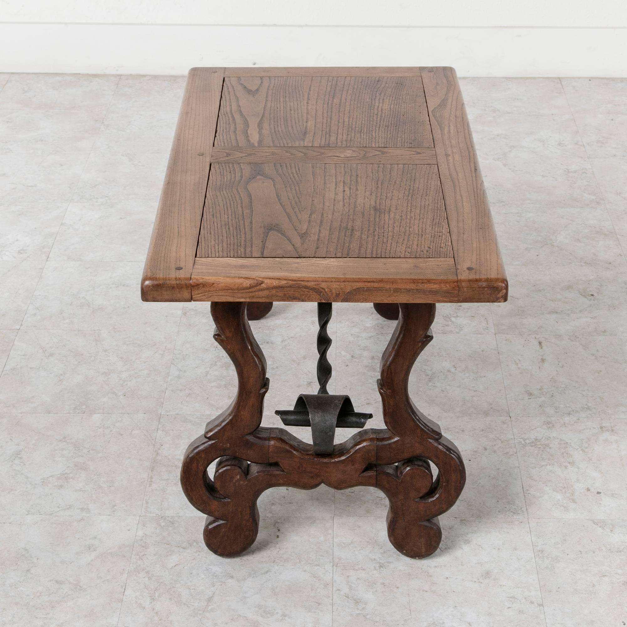 Early 20th Century Spanish Style Oak Coffee Table or Bench with Iron Stretcher 1