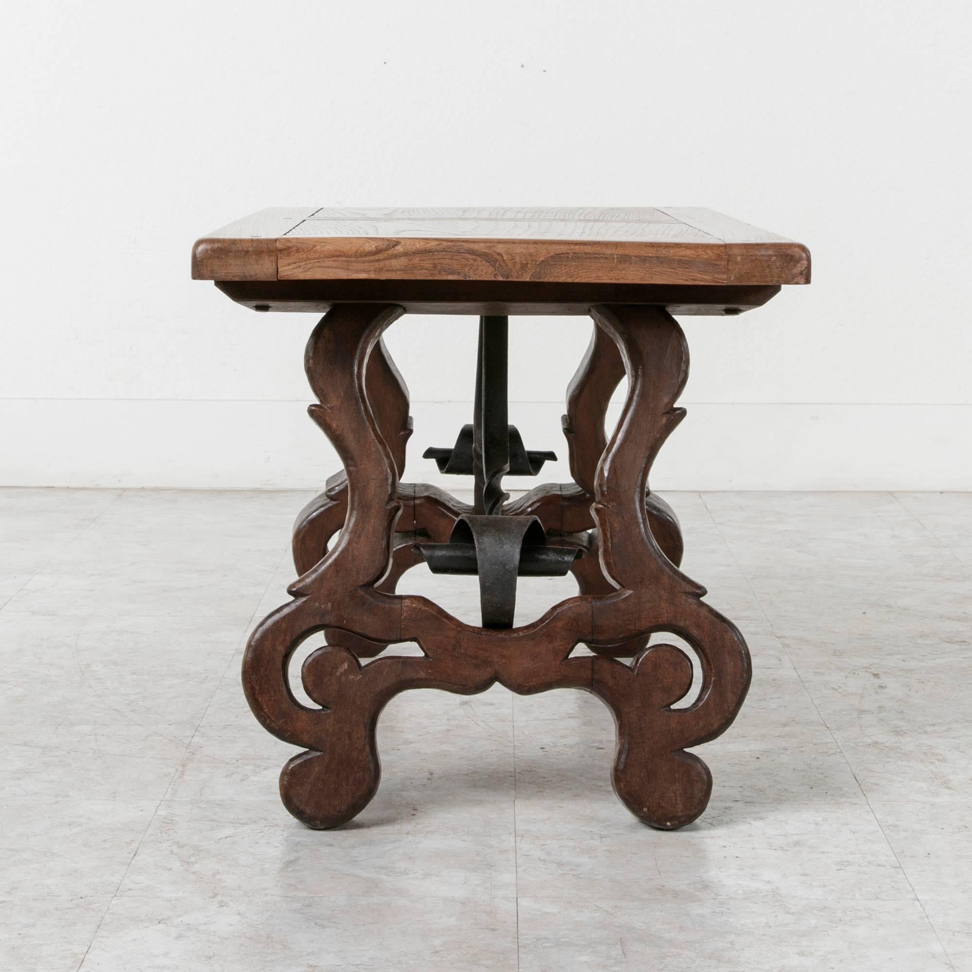 Early 20th Century Spanish Style Oak Coffee Table or Bench with Iron Stretcher 2