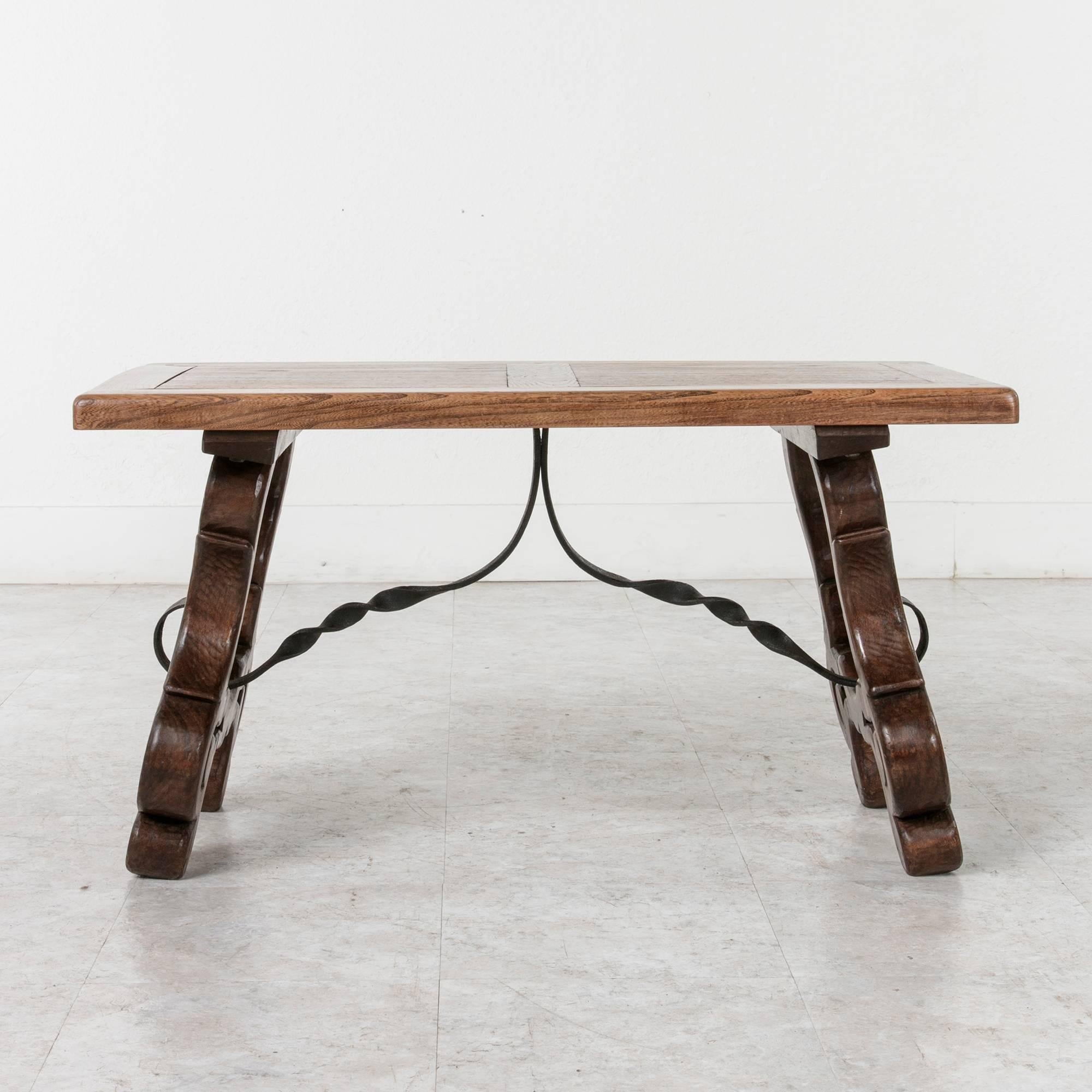 Spanish Colonial Early 20th Century Spanish Style Oak Coffee Table or Bench with Iron Stretcher