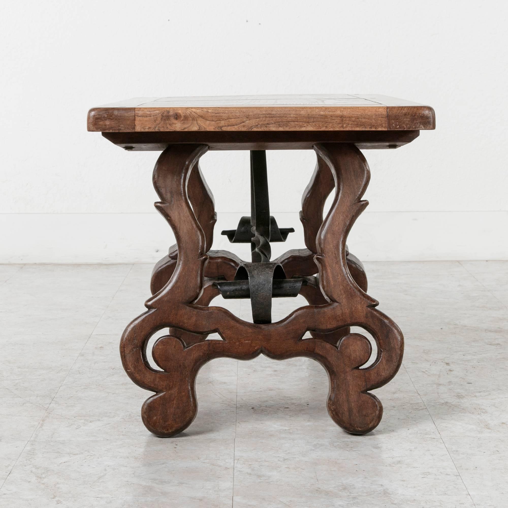 Mid-20th Century Early 20th Century Spanish Style Oak Coffee Table or Bench with Iron Stretcher