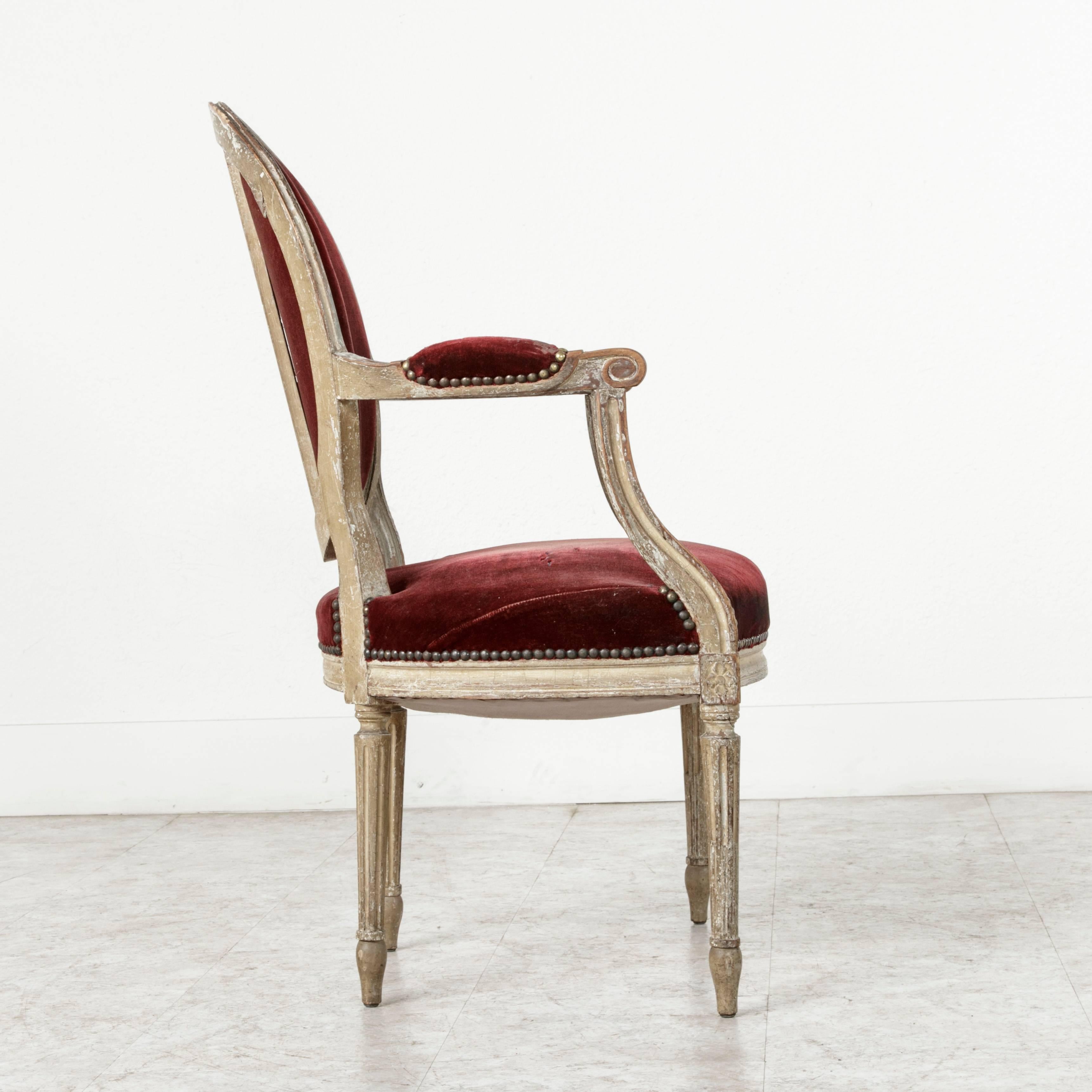 Painted Louis XVI Style French Cabriolet Armchair with Fabulous Patina, circa 1900