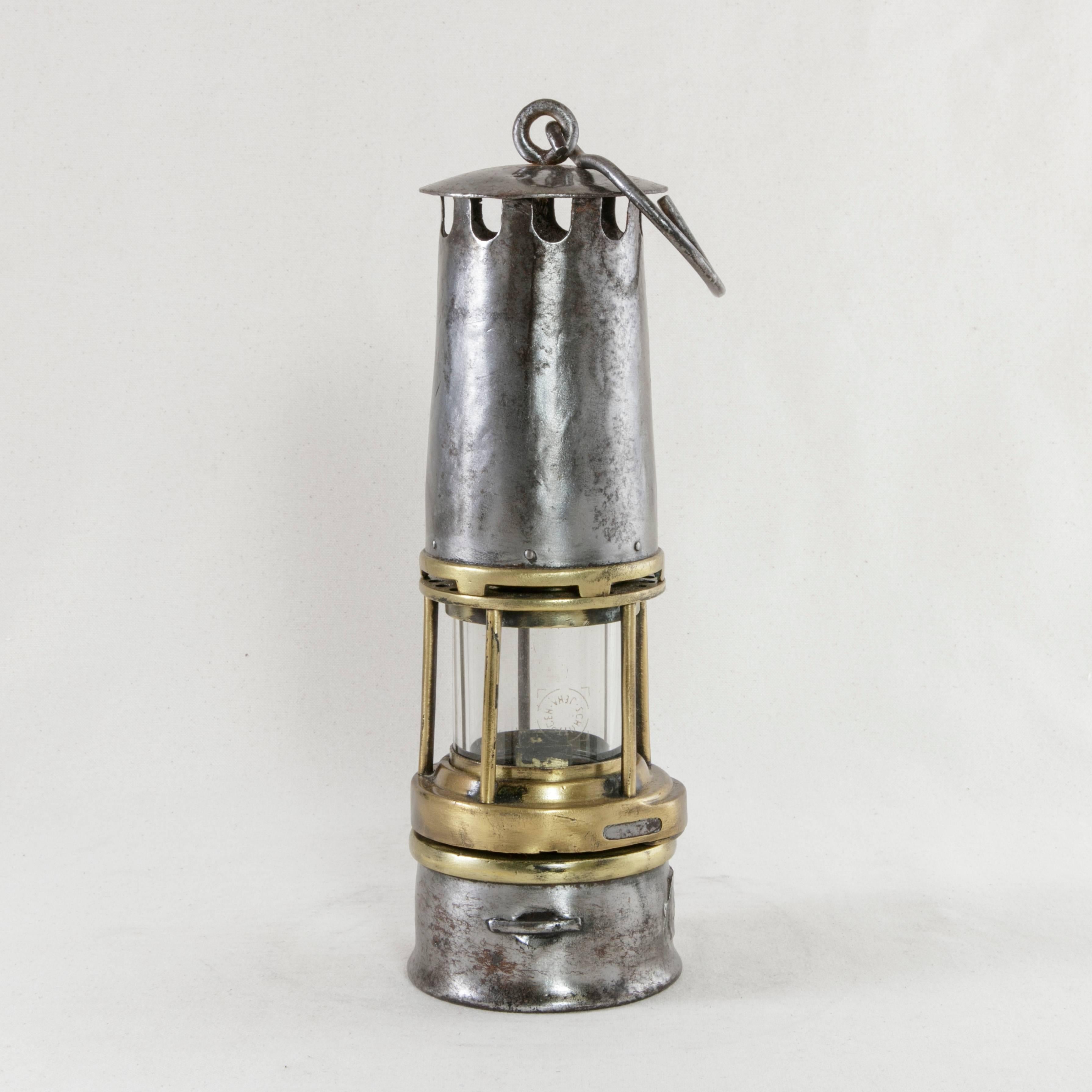Early 20th Century Belgian Steel and Brass Miner's Lantern or Lamp with Plaque In Excellent Condition In Fayetteville, AR
