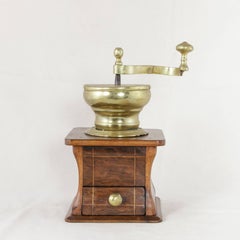 Early 19th Century Dutch Walnut and Brass Coffee Grinder with Lemonwood Inlay