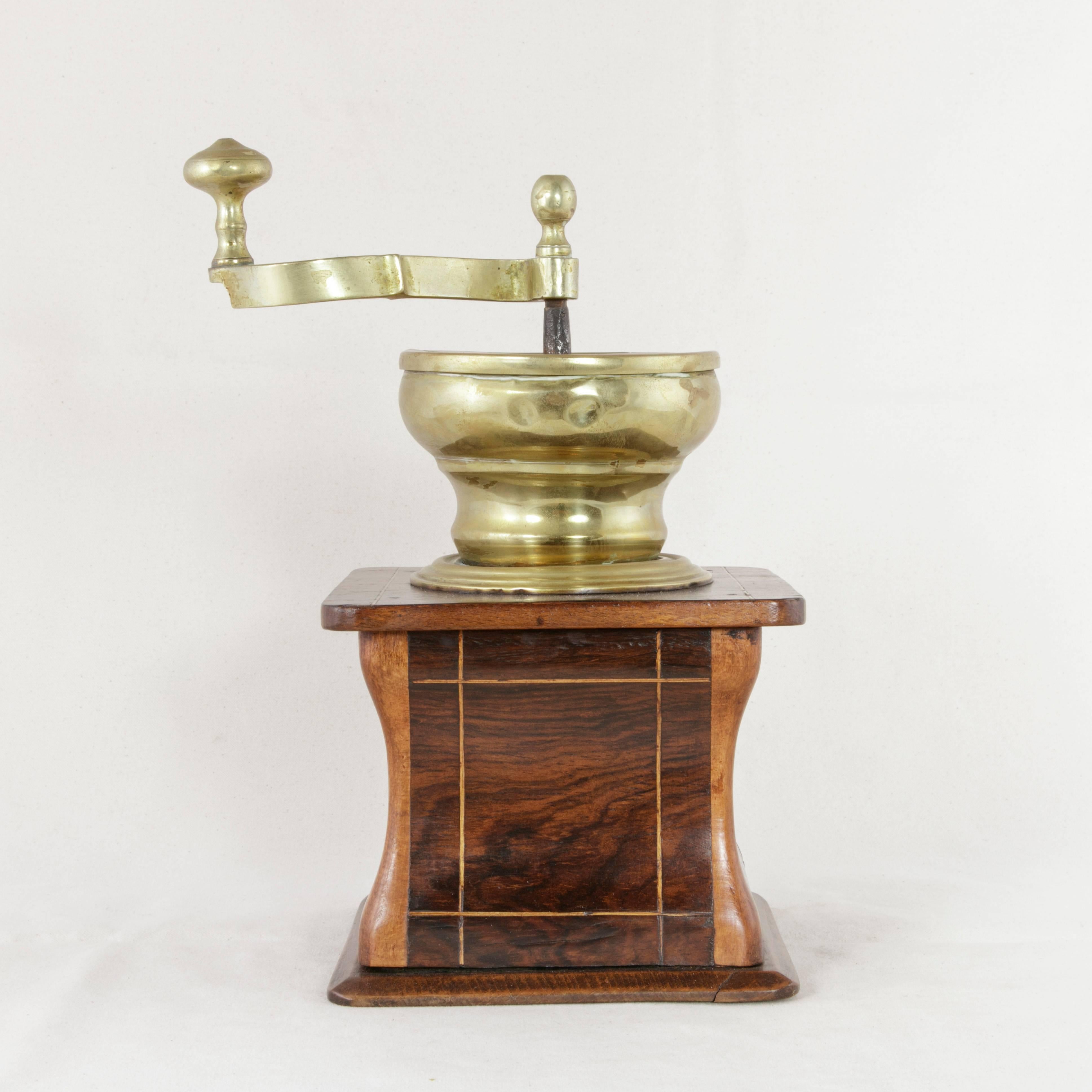 Mid-19th Century Early 19th Century Dutch Walnut and Brass Coffee Grinder with Lemonwood Inlay