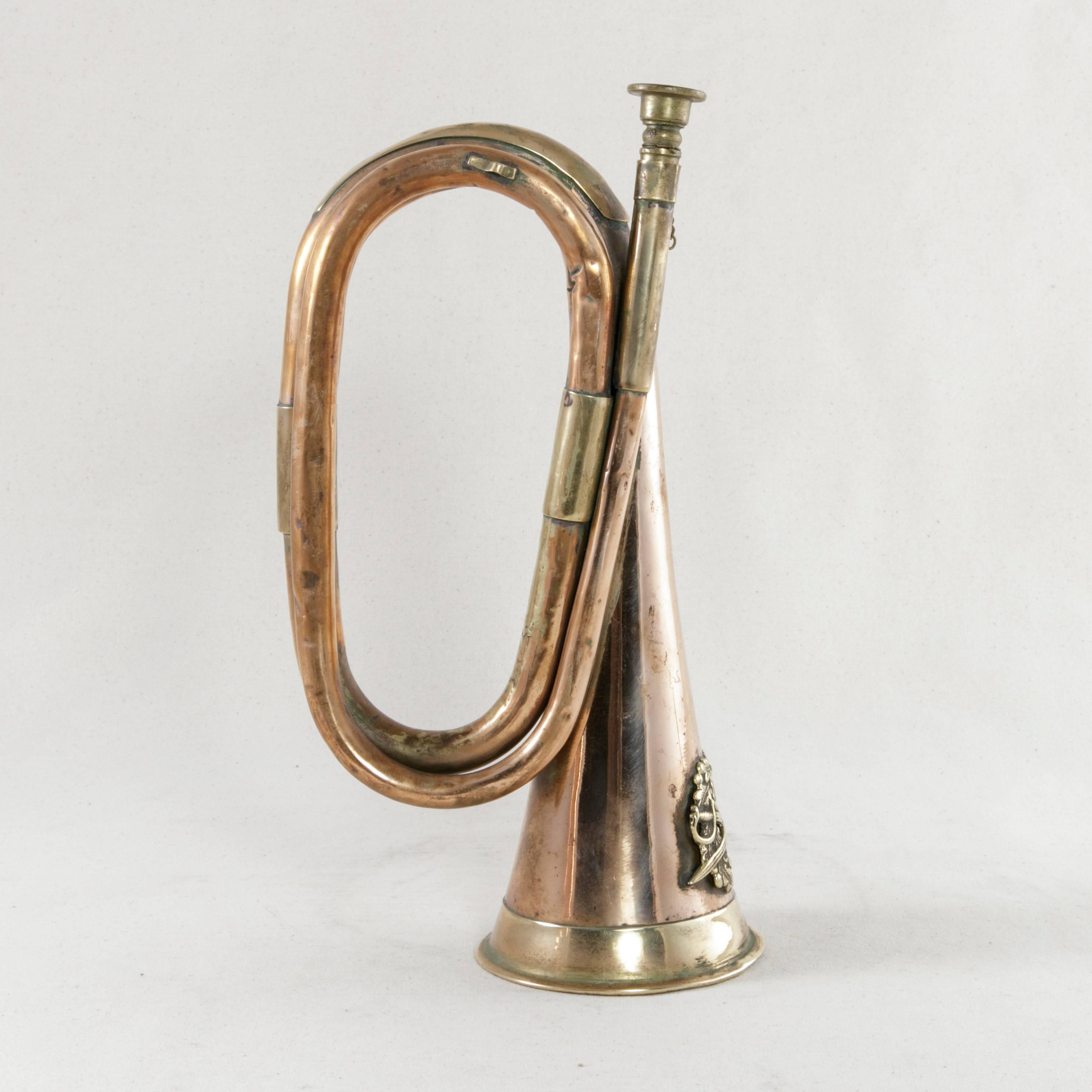 Early 20th Century French Copper and Brass Cavalry Bugle with Bronze Insignia 2
