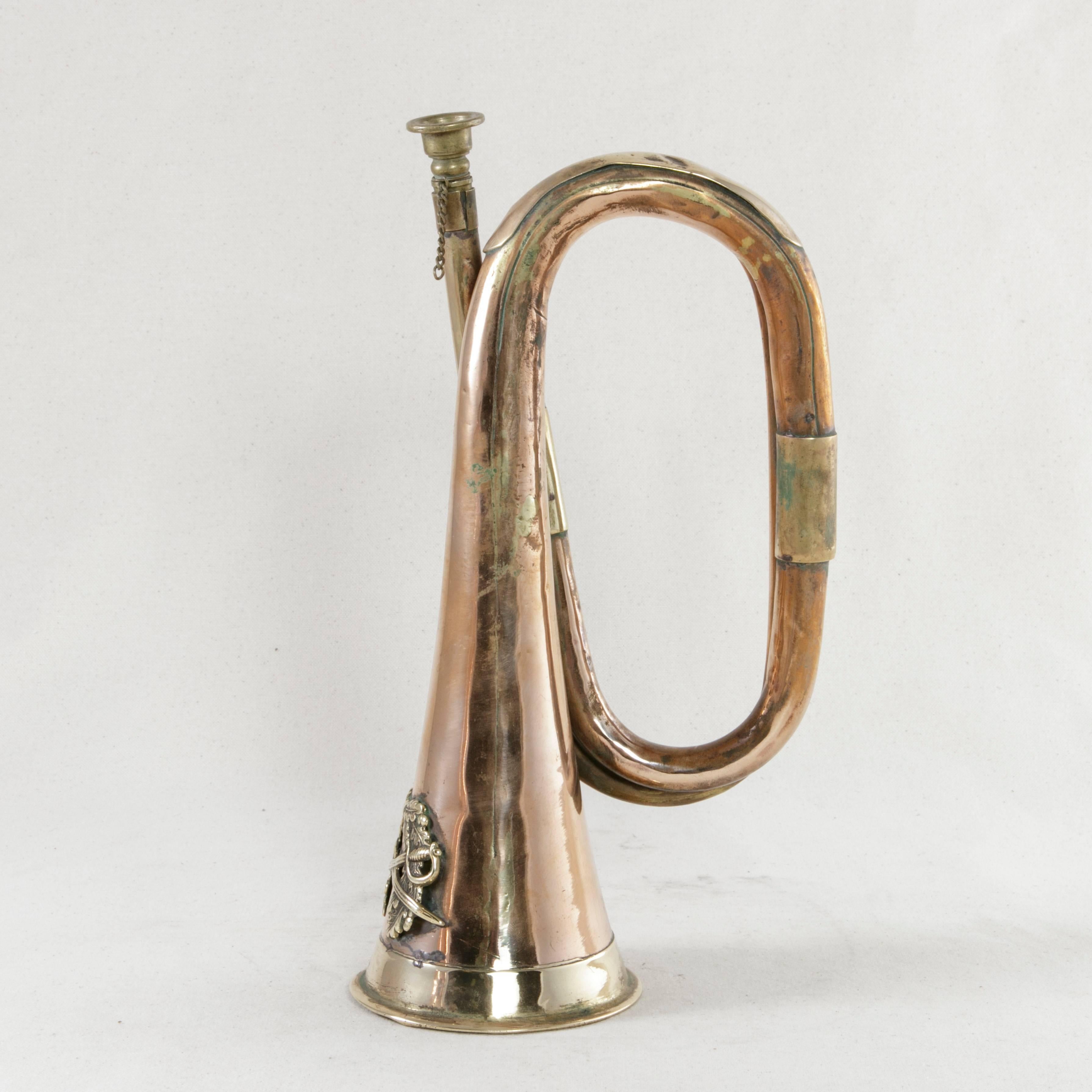 Mid-20th Century Early 20th Century French Copper and Brass Cavalry Bugle with Bronze Insignia