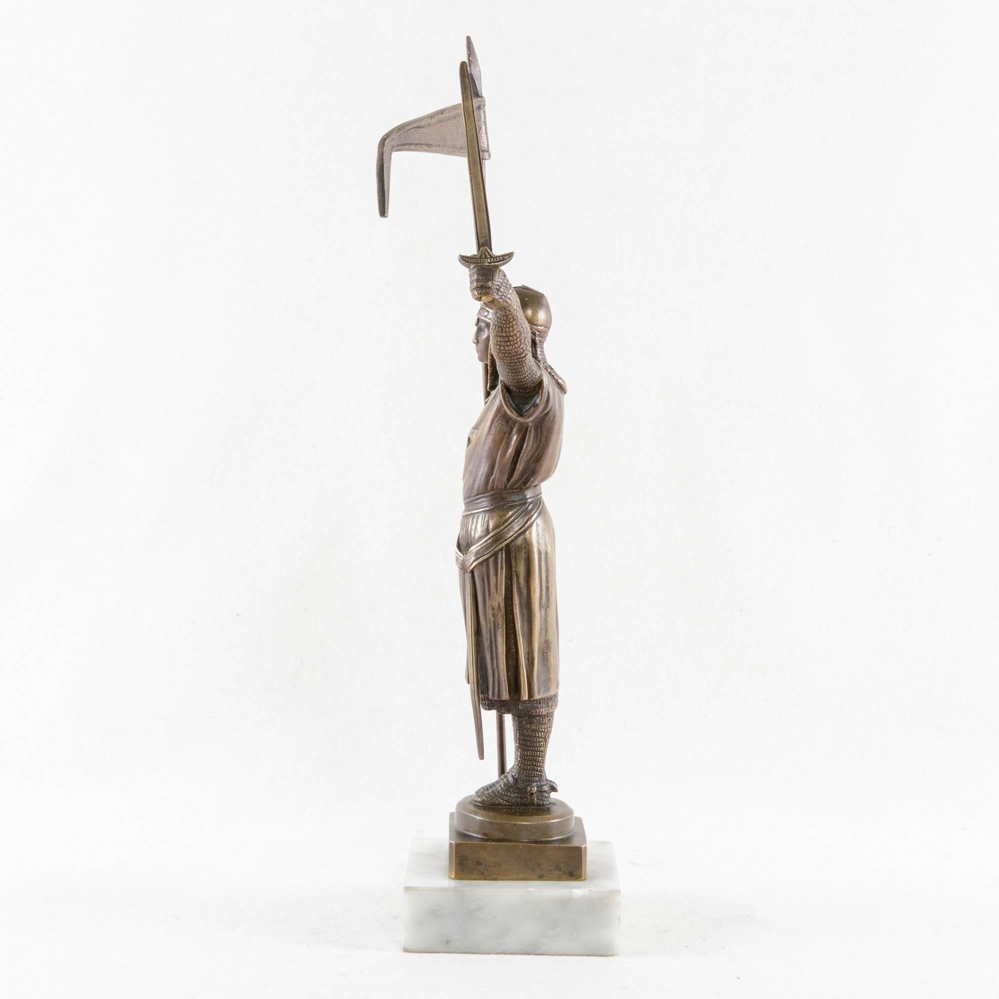 French Early 20th Century Art Deco Period Bronze Statue of a Knight Templar with Flag