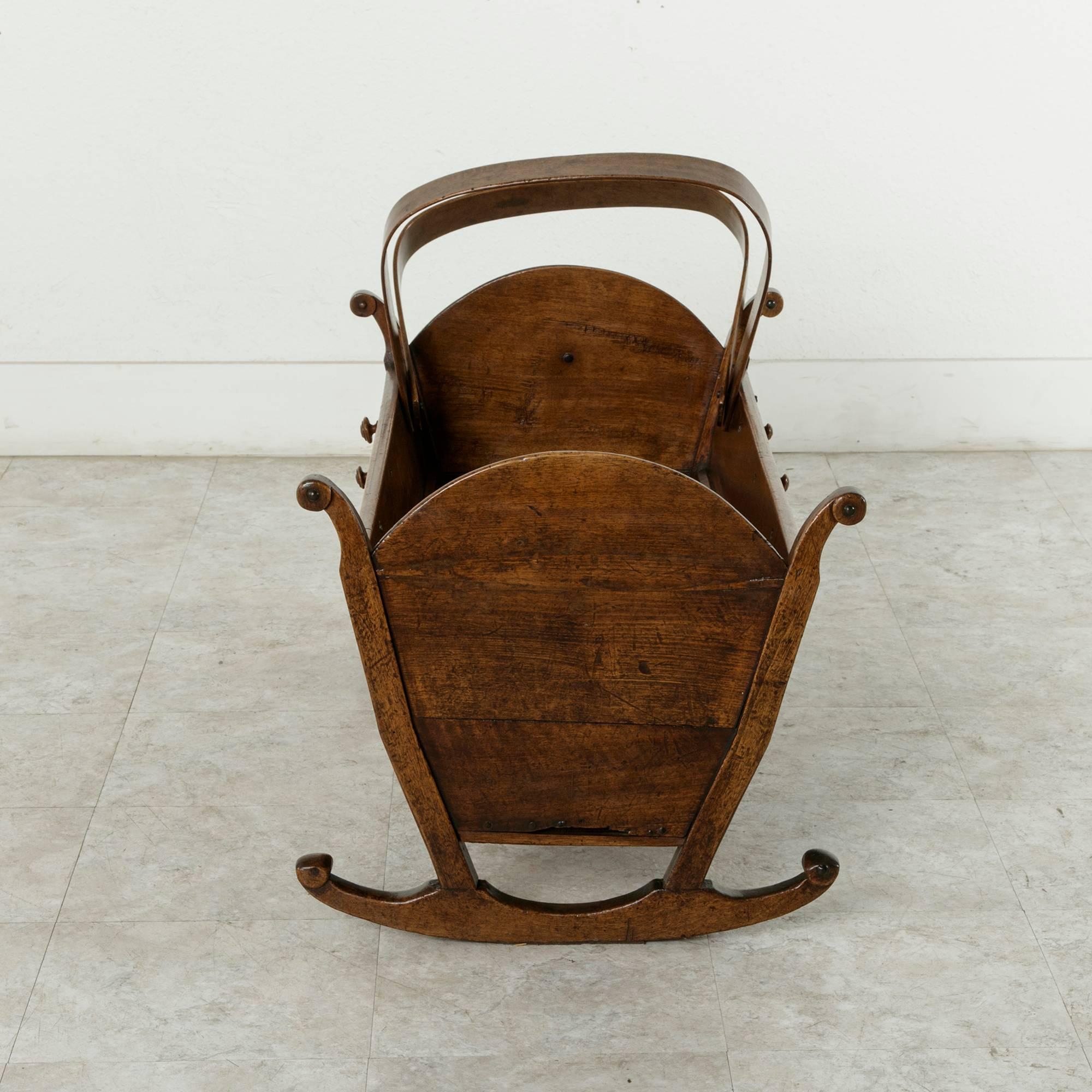 Metal Mid-19th Century French Hand-Carved Artisan-Made Walnut Cradle