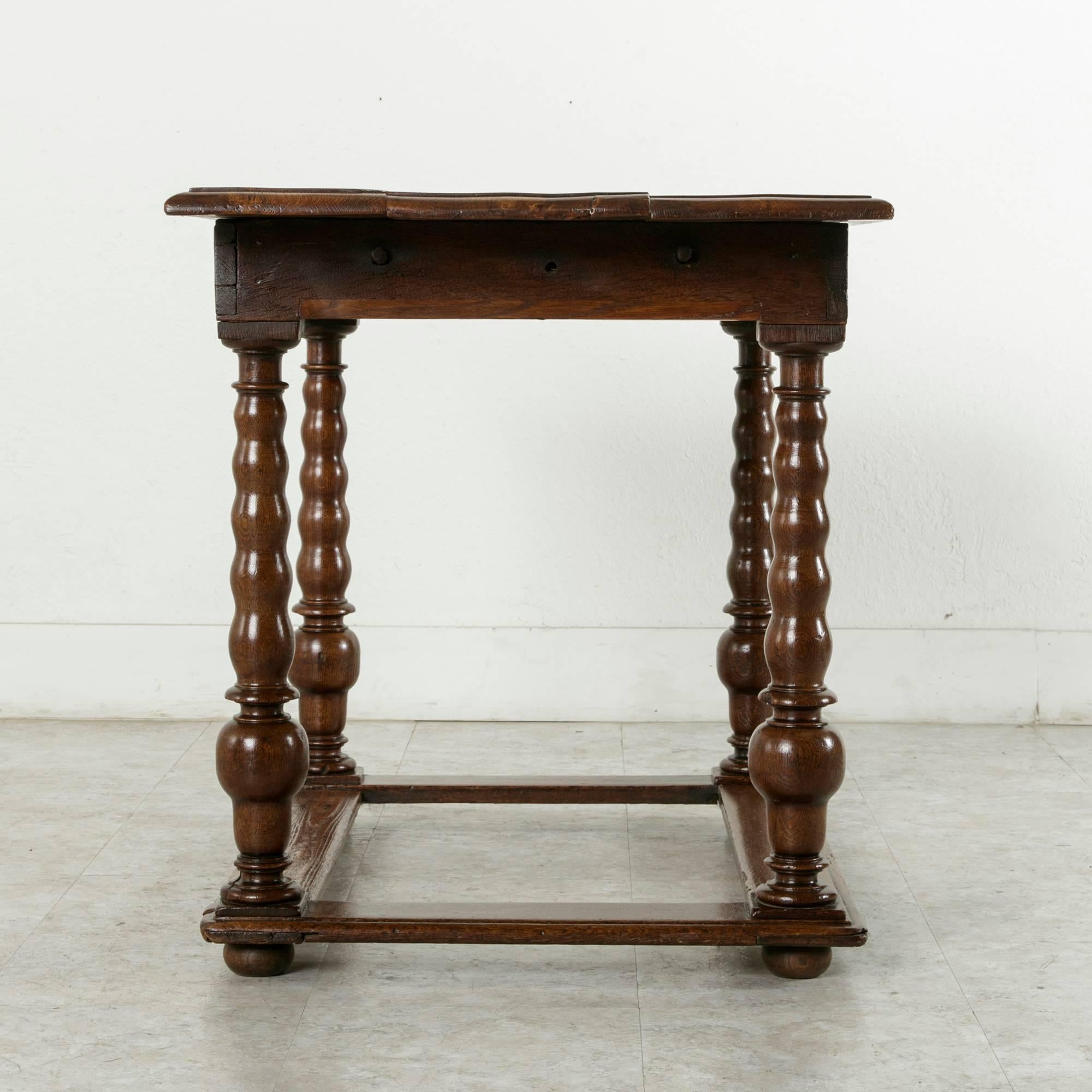 Iron 17th Century Louis XIII Period Oak Table with Spooled Legs and Single Drawer