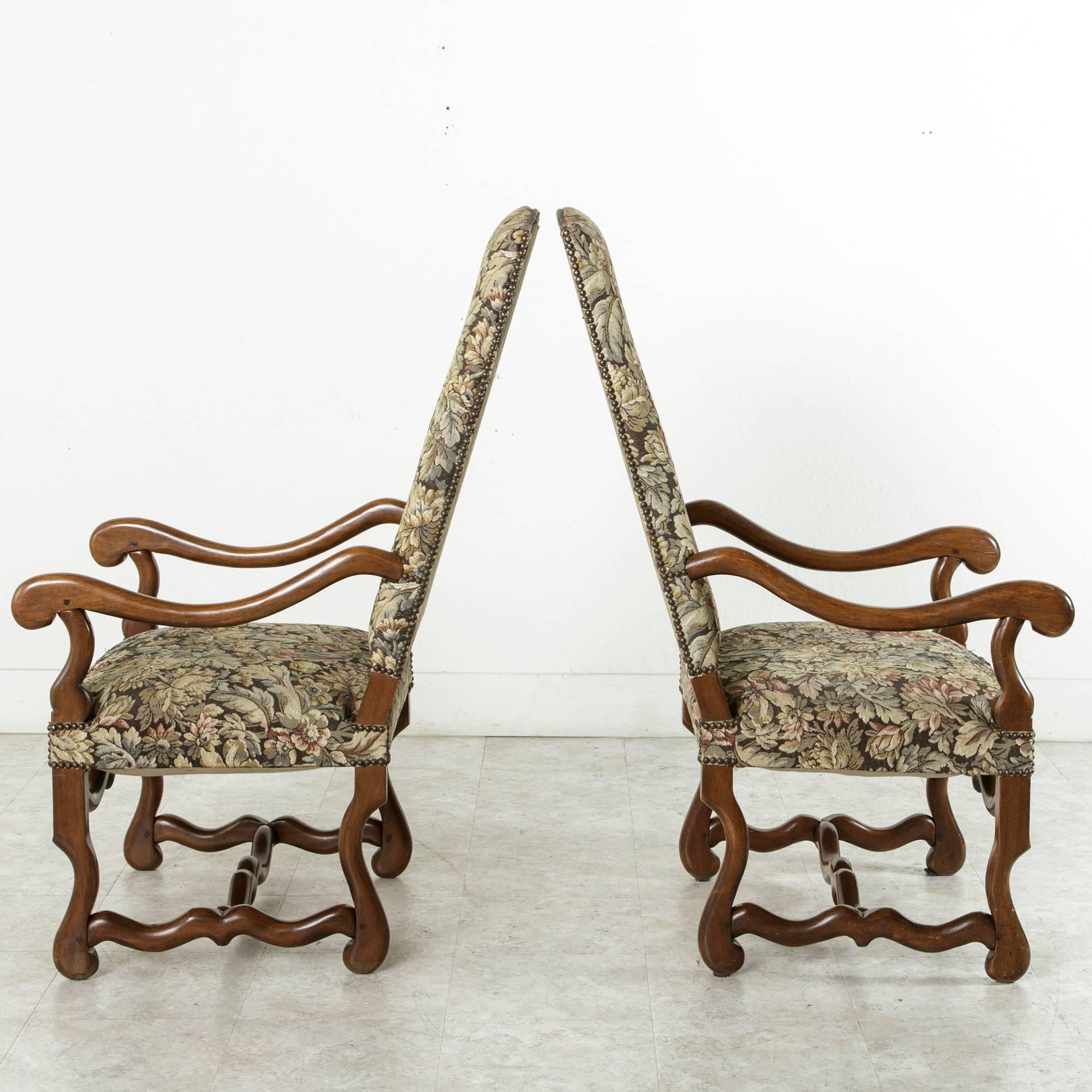 French Pair of Walnut Louis XIV Style Mutton Leg Armchairs with Tapestry, circa 1900