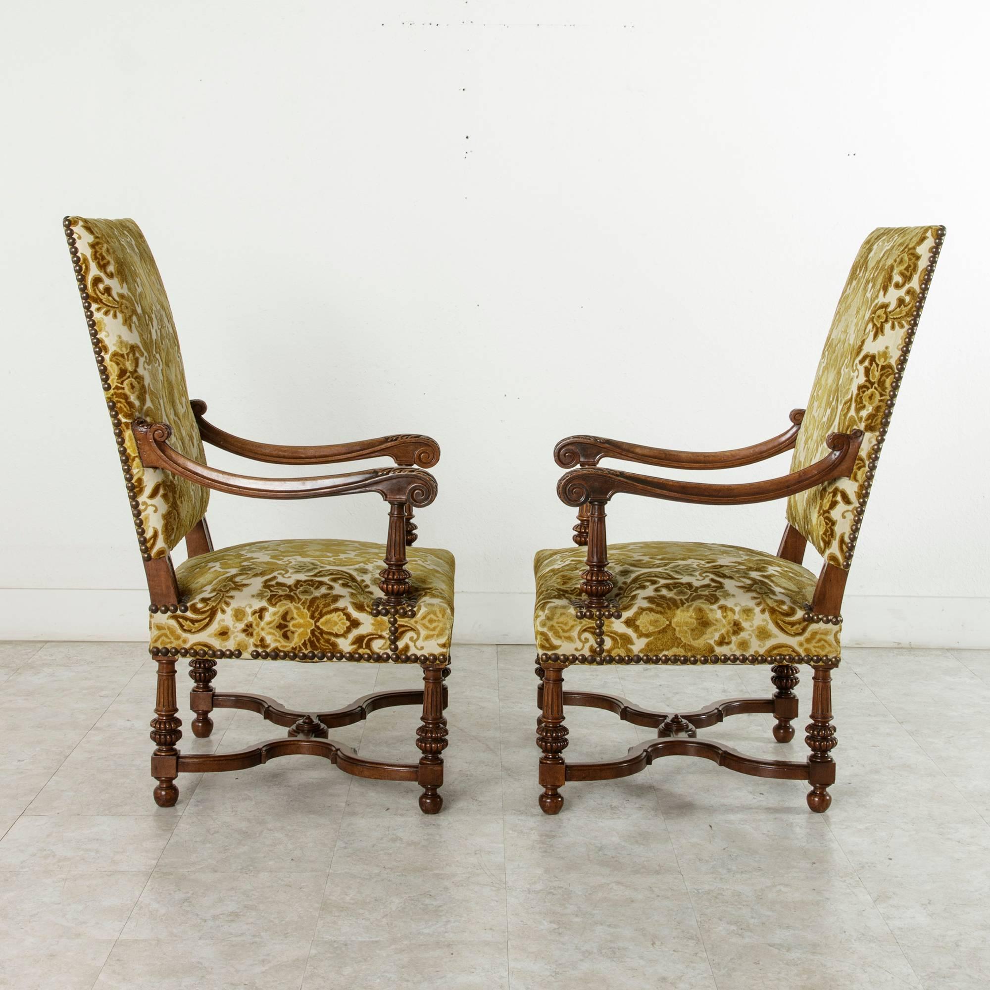 Upholstery Pair of Late 19th Century French Hand-Carved Walnut Louis XIV Style Armchairs