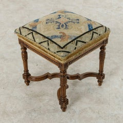 19th Century Hand-Carved Walnut Louis XVI Style Vanity Stool with Needlepoint