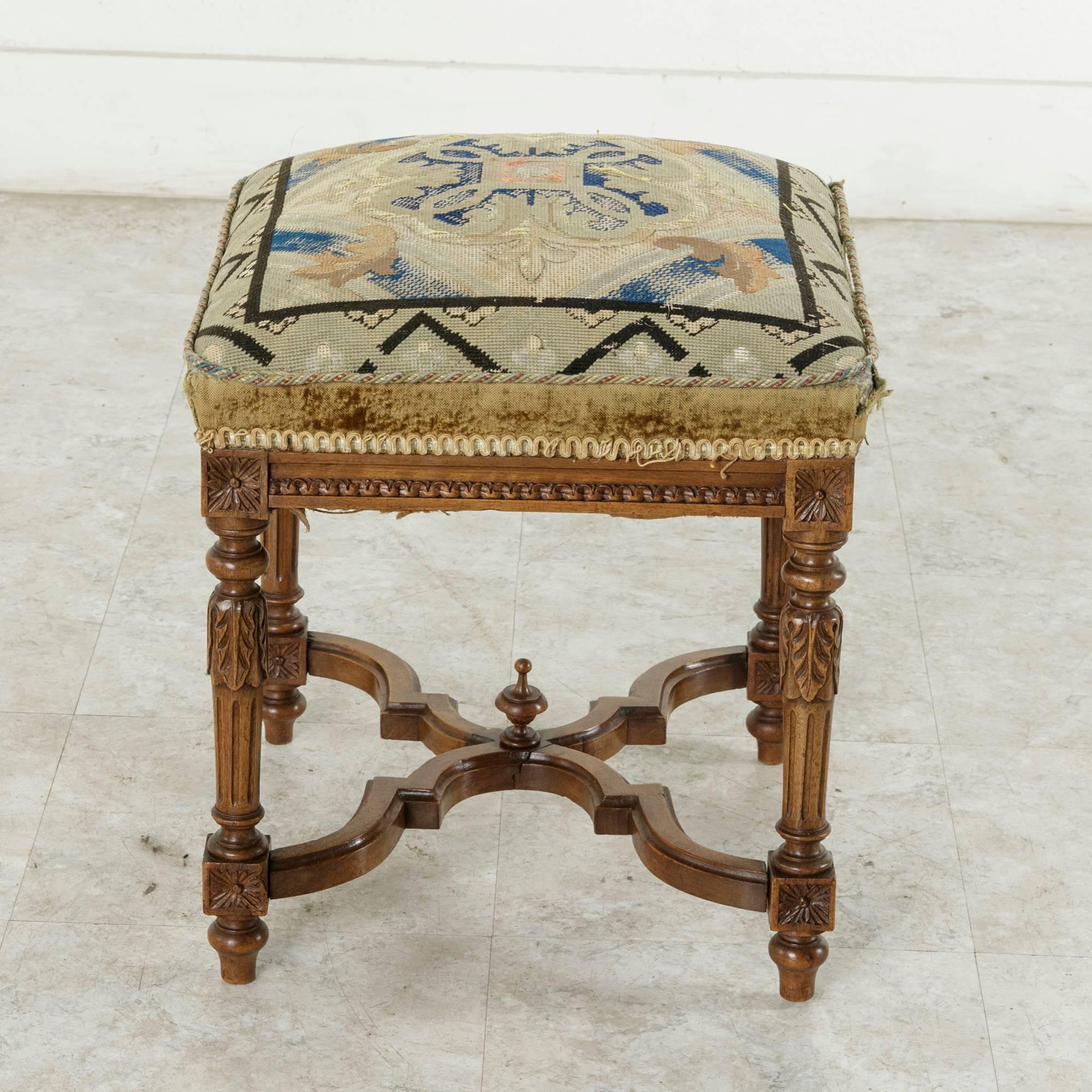 French 19th Century Hand-Carved Walnut Louis XVI Style Vanity Stool with Needlepoint
