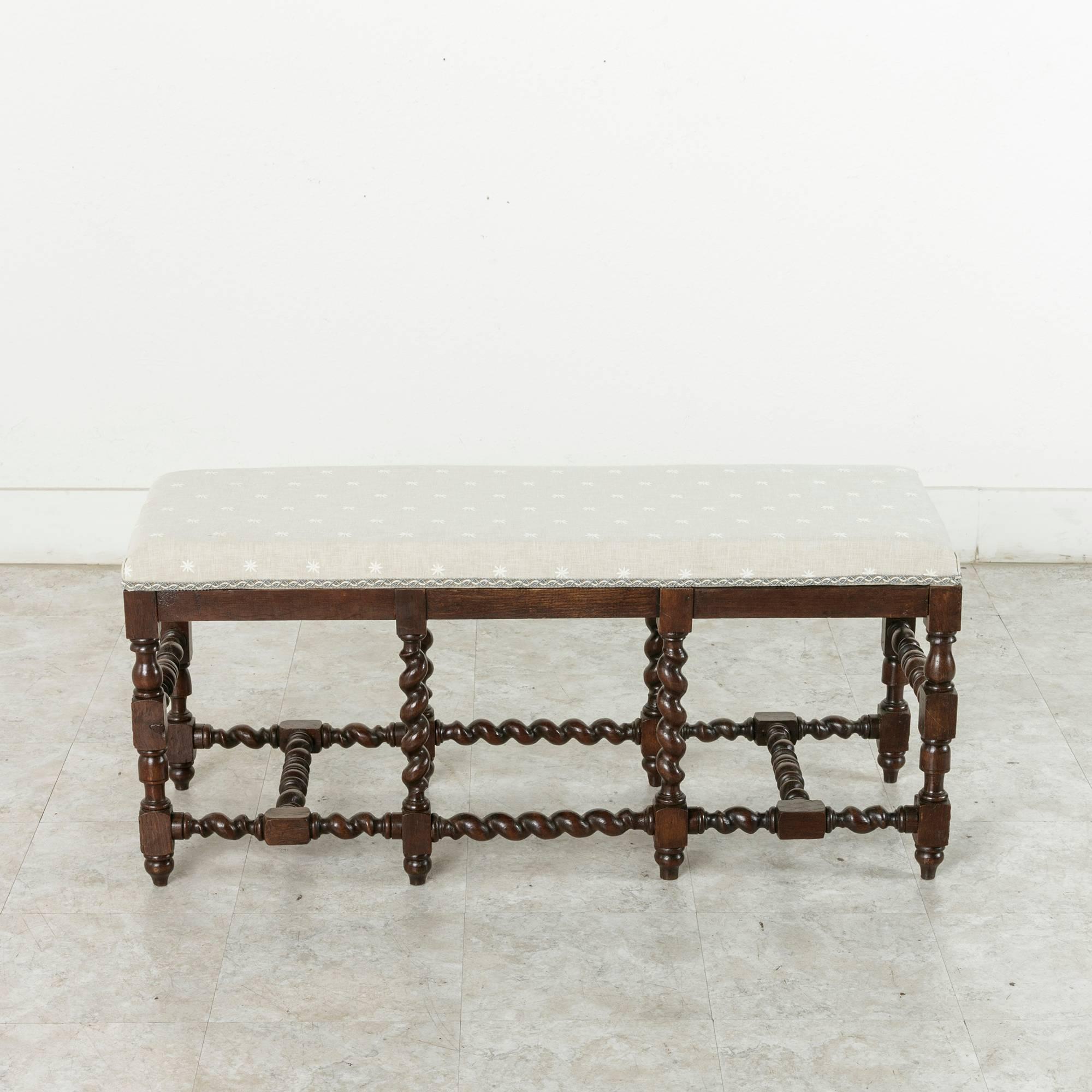 Louis XIII Hand-Carved French Oak Benches with Barley Twist Legs and Stretchers, circa 1900