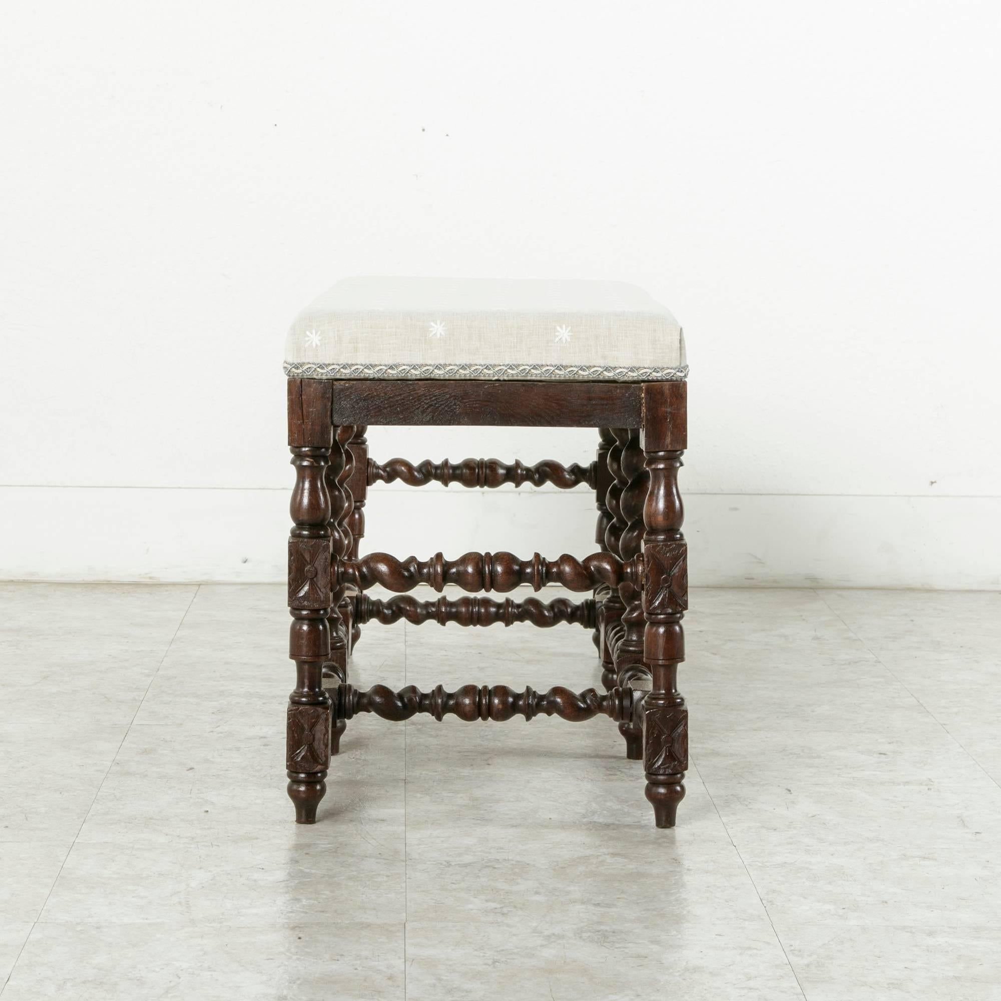Early 20th Century Hand-Carved French Oak Benches with Barley Twist Legs and Stretchers, circa 1900
