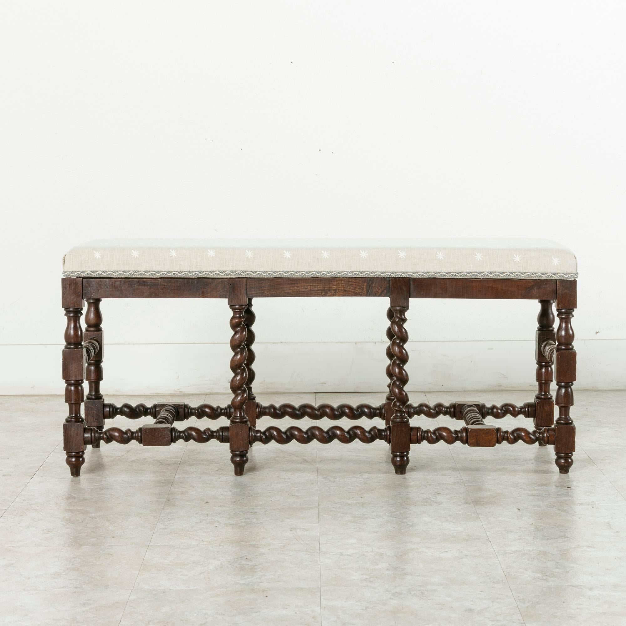 Upholstery Hand-Carved French Oak Benches with Barley Twist Legs and Stretchers, circa 1900