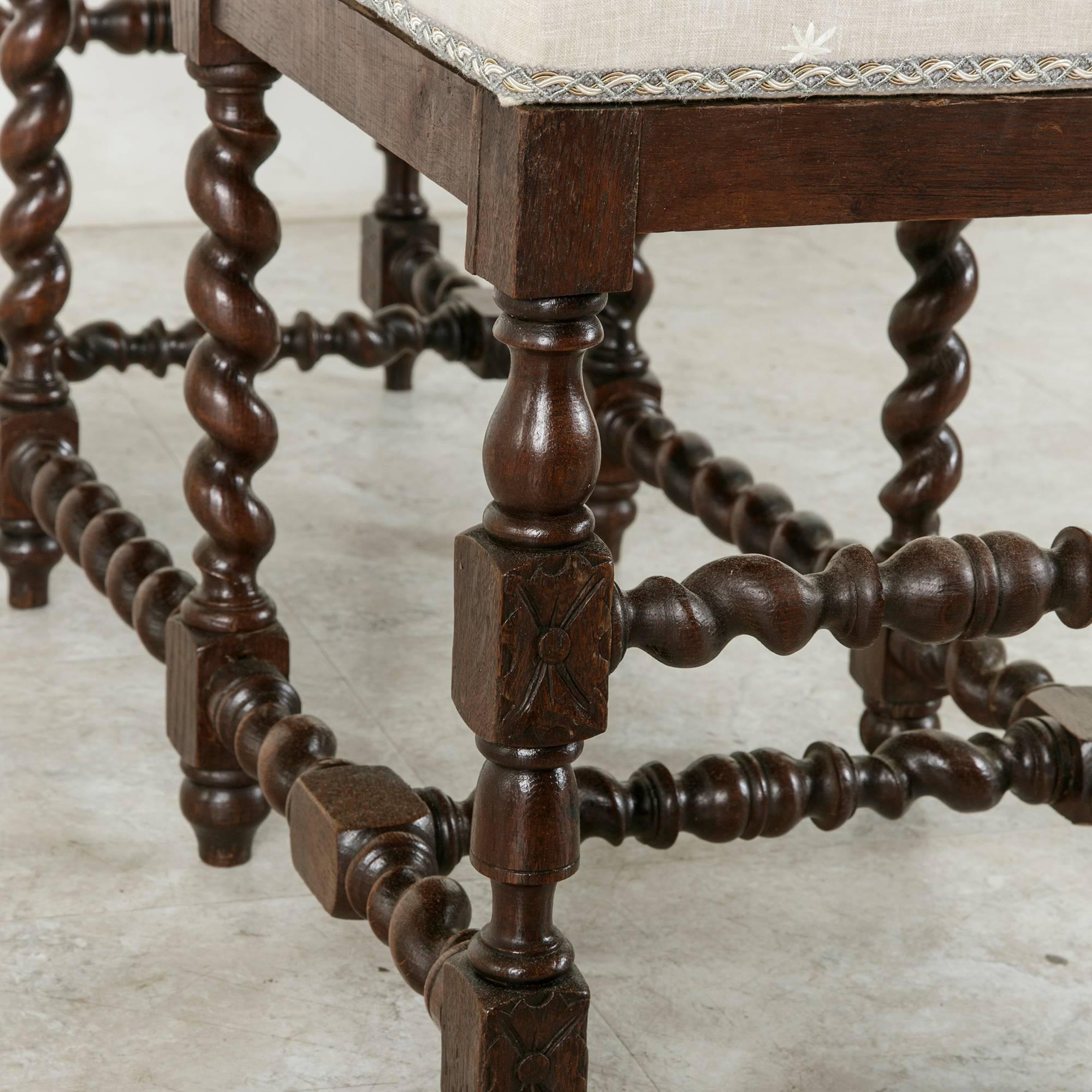 Hand-Carved French Oak Benches with Barley Twist Legs and Stretchers, circa 1900 3
