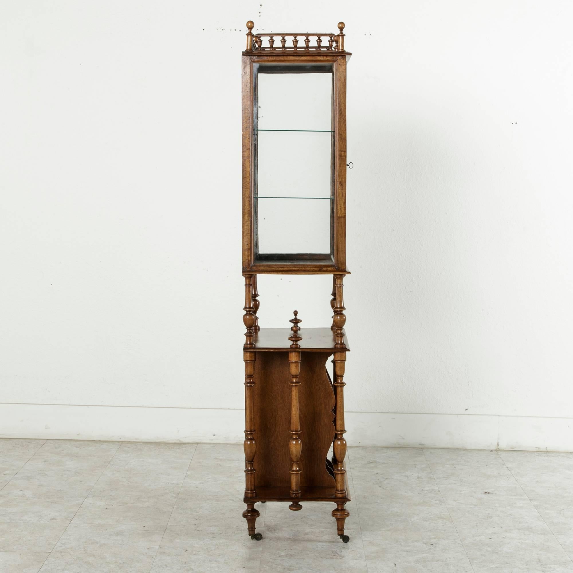 Glass Late 19th Century French Hand-Carved Walnut Music Cabinet or Display Vitrine