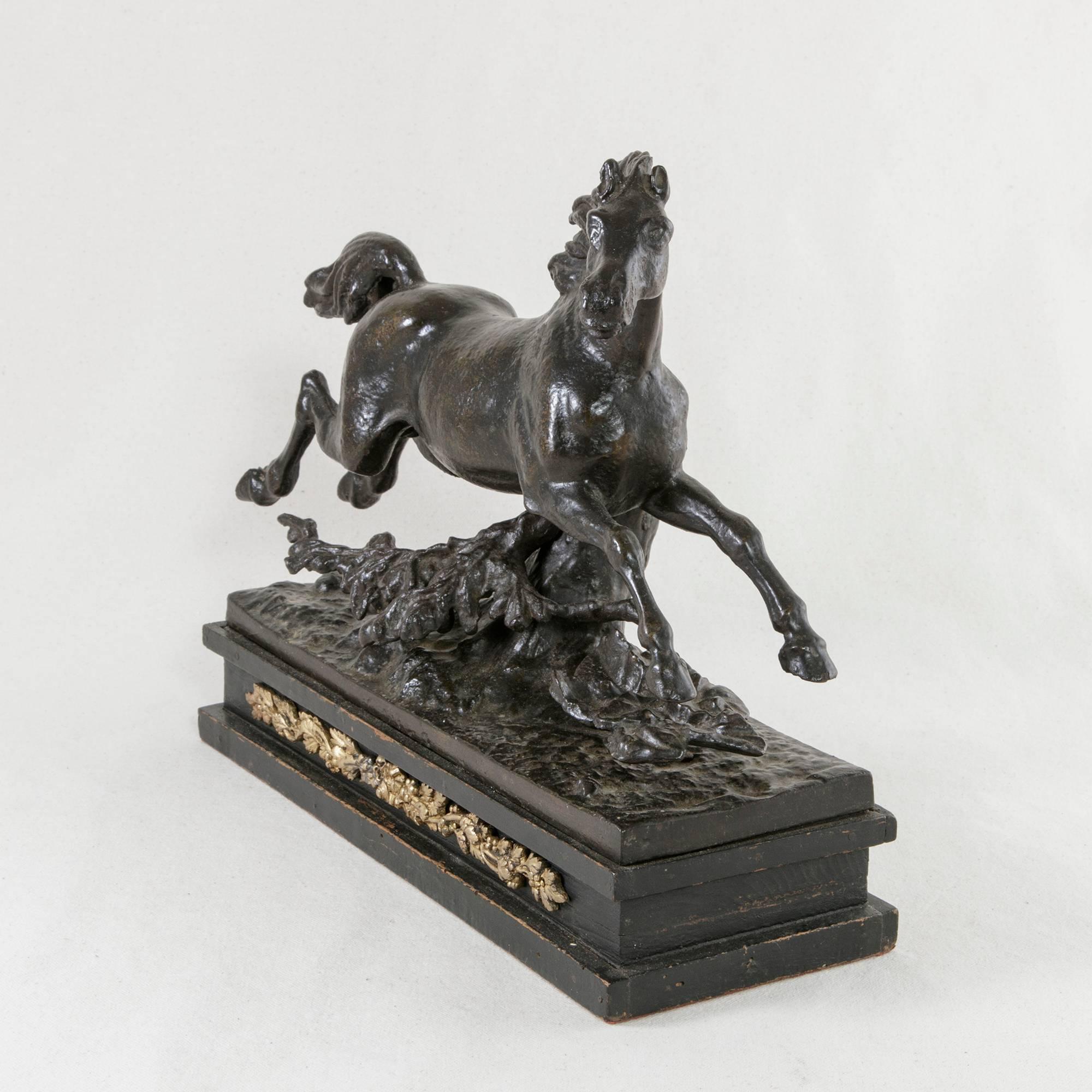 19th Century French Napoleon III Period Cast Iron Horse Sculpture on Wooden Base In Excellent Condition In Fayetteville, AR