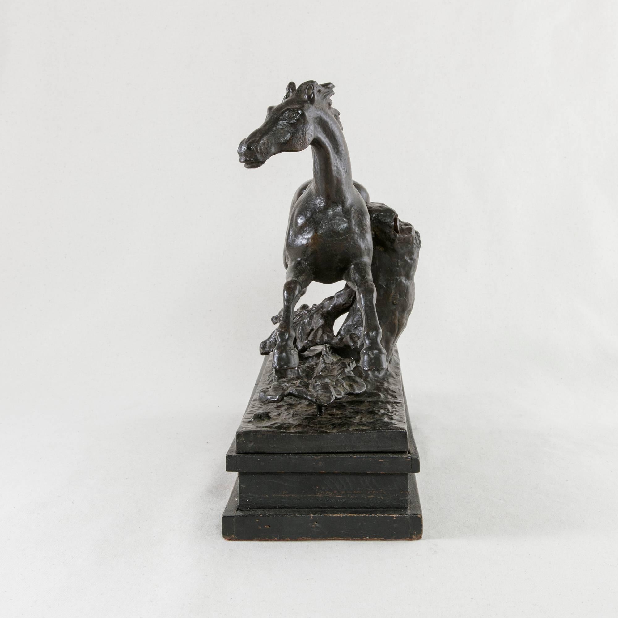 Mid-19th Century 19th Century French Napoleon III Period Cast Iron Horse Sculpture on Wooden Base
