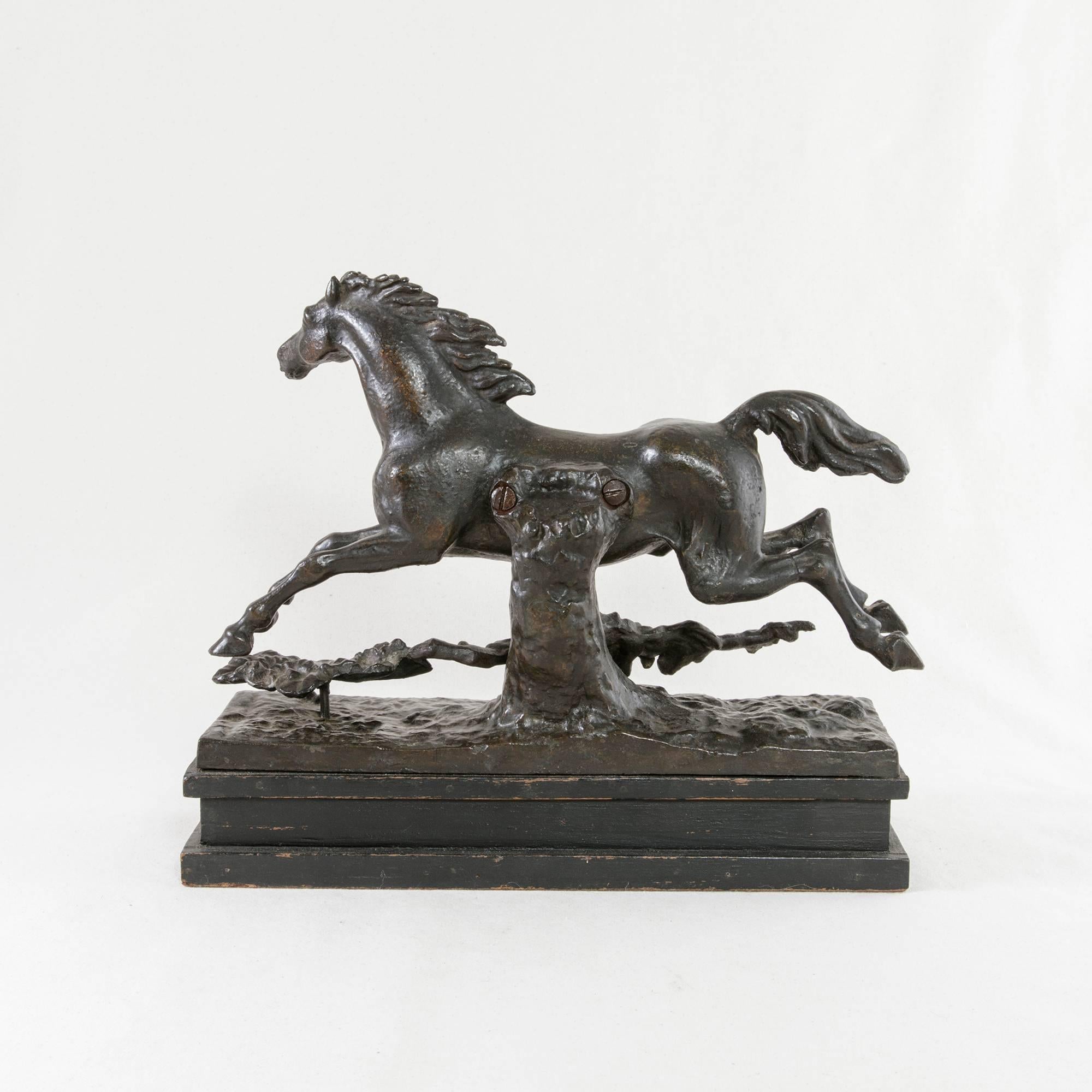 Bronze 19th Century French Napoleon III Period Cast Iron Horse Sculpture on Wooden Base