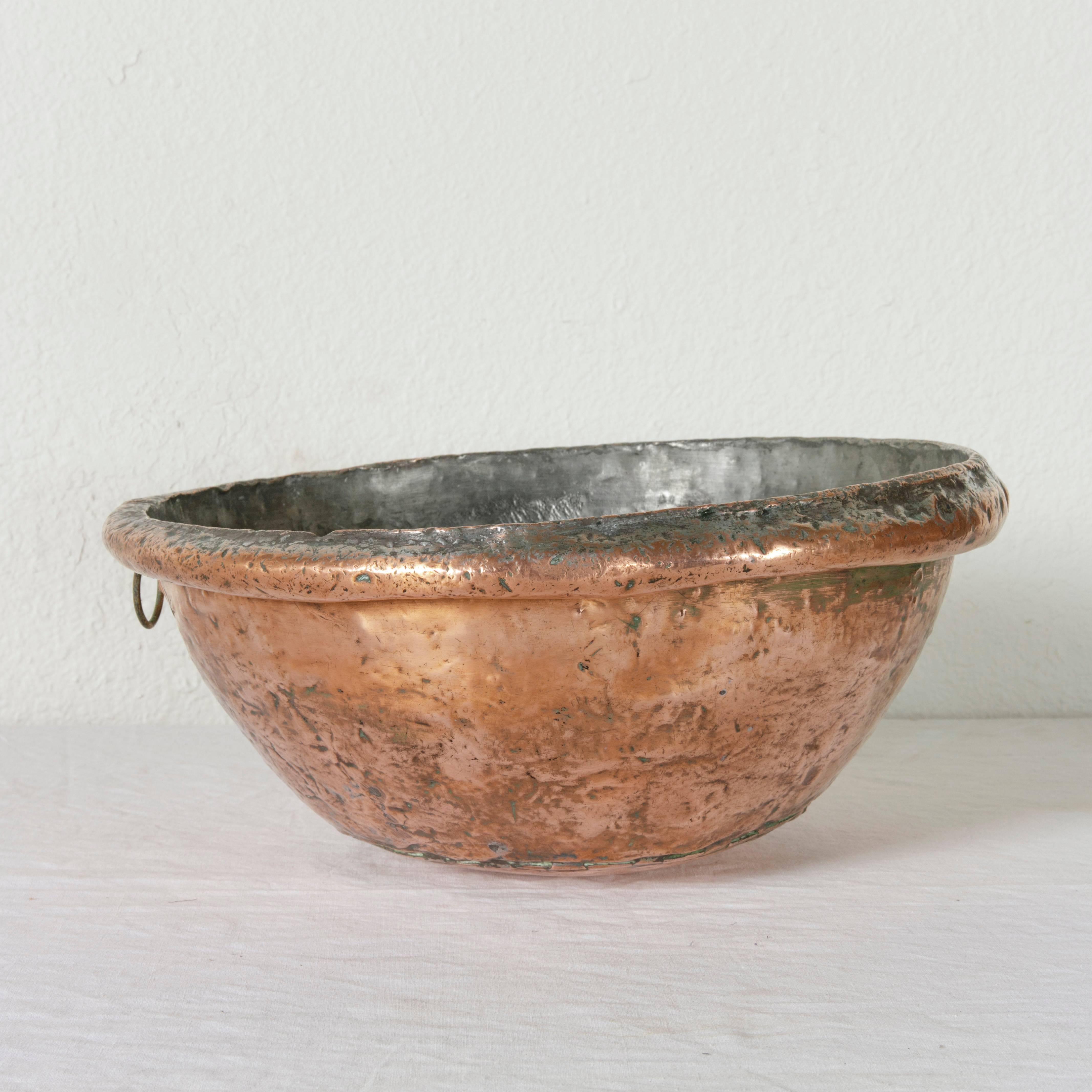 18th Century French Hand-Hammered Copper Mixing Bowl with Iron Ring for Hanging In Excellent Condition In Fayetteville, AR