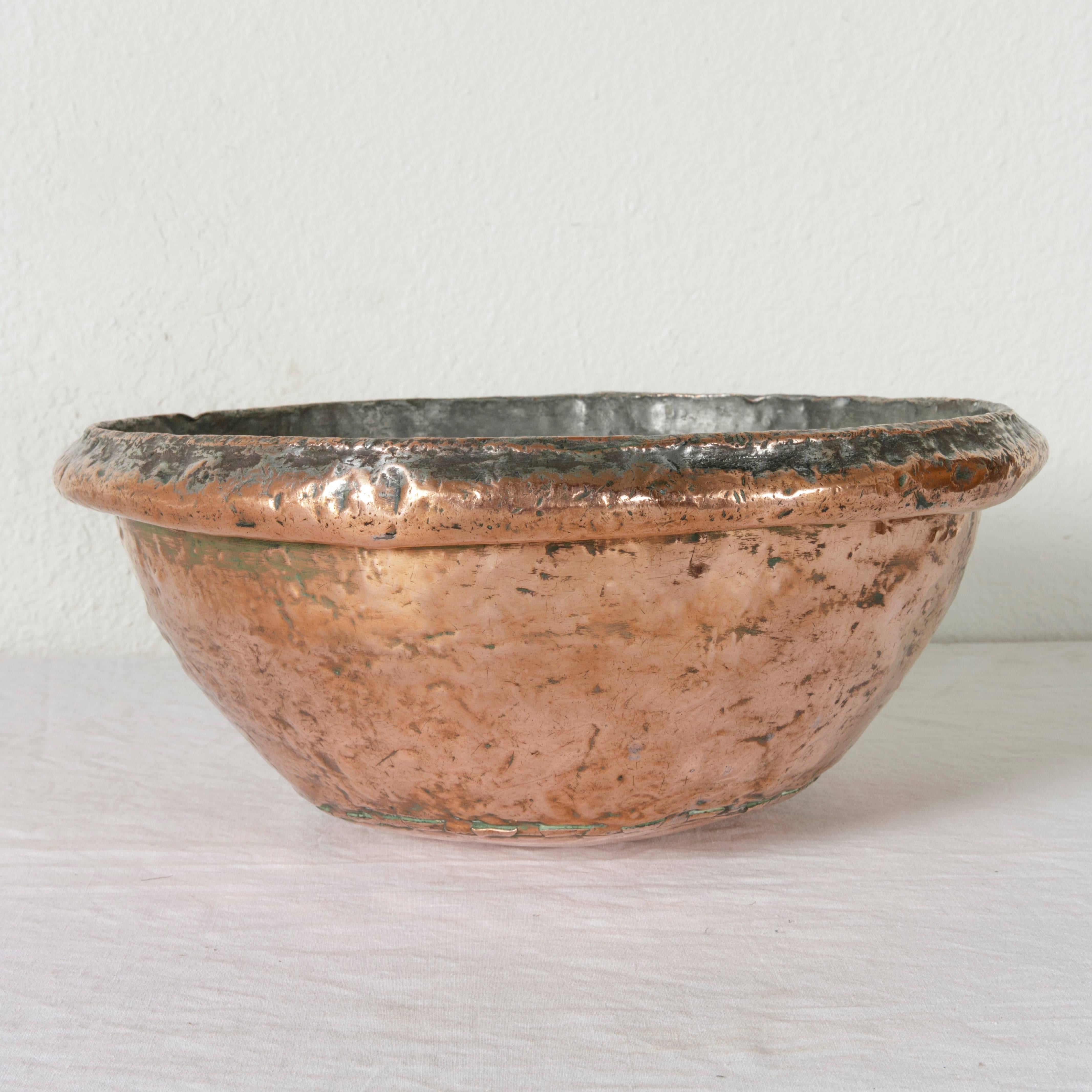 18th Century and Earlier 18th Century French Hand-Hammered Copper Mixing Bowl with Iron Ring for Hanging