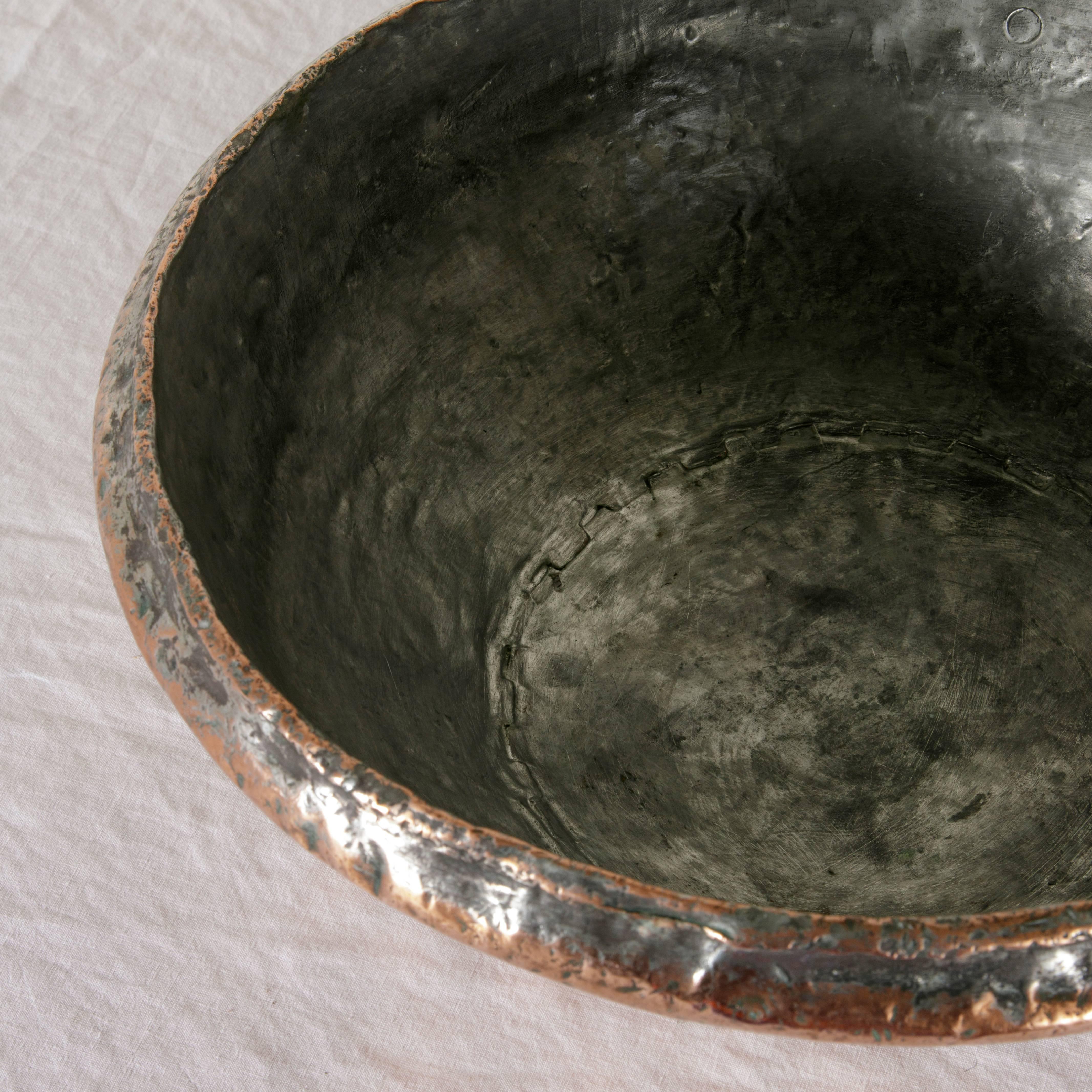 18th Century French Hand-Hammered Copper Mixing Bowl with Iron Ring for Hanging 3