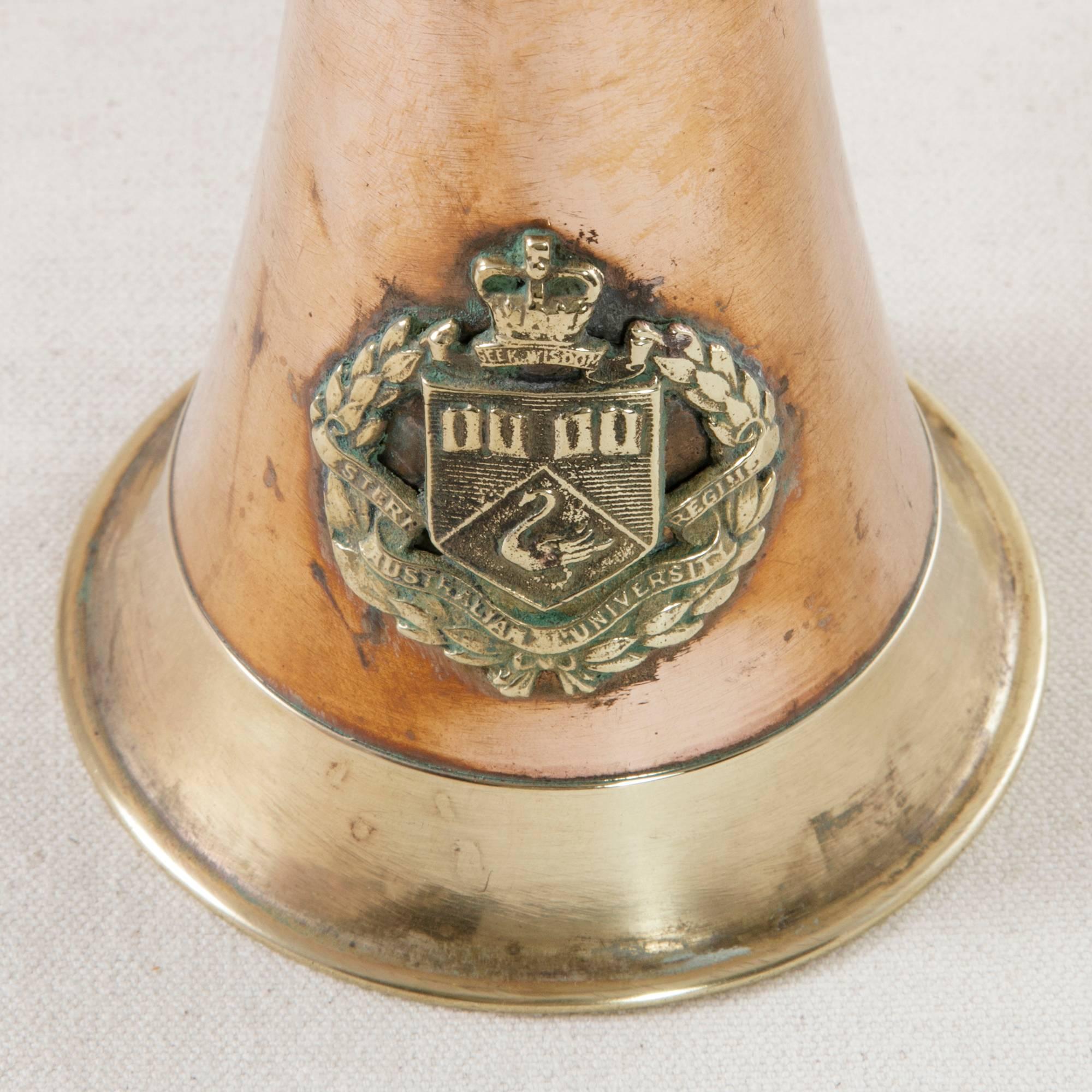Bronze Mid-20th Century Copper and Brass Bugle with Insignia of Australian University