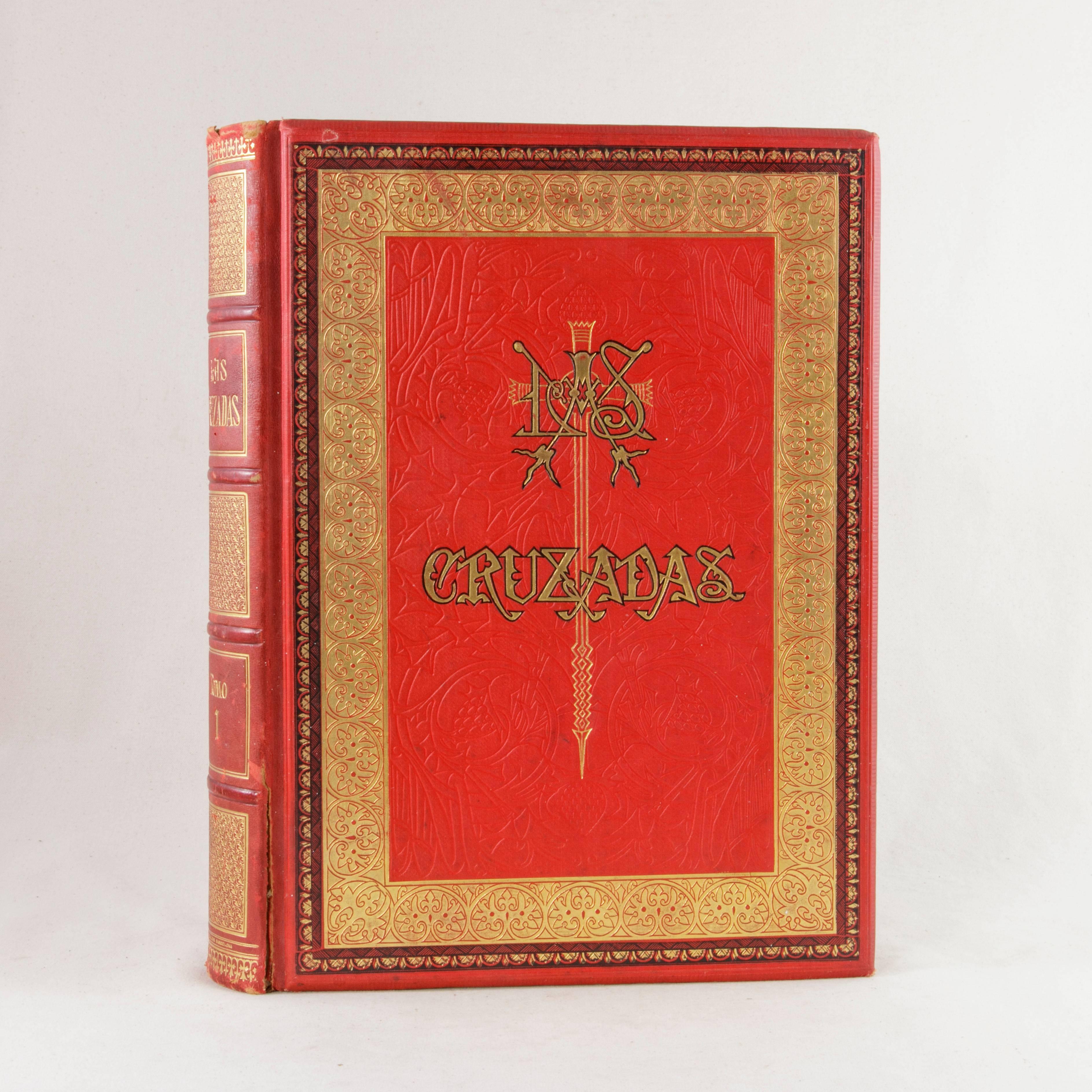 Two Volume Set Large 19th Century Spanish Red and Gold Tooled Books the Crusades In Good Condition In Fayetteville, AR