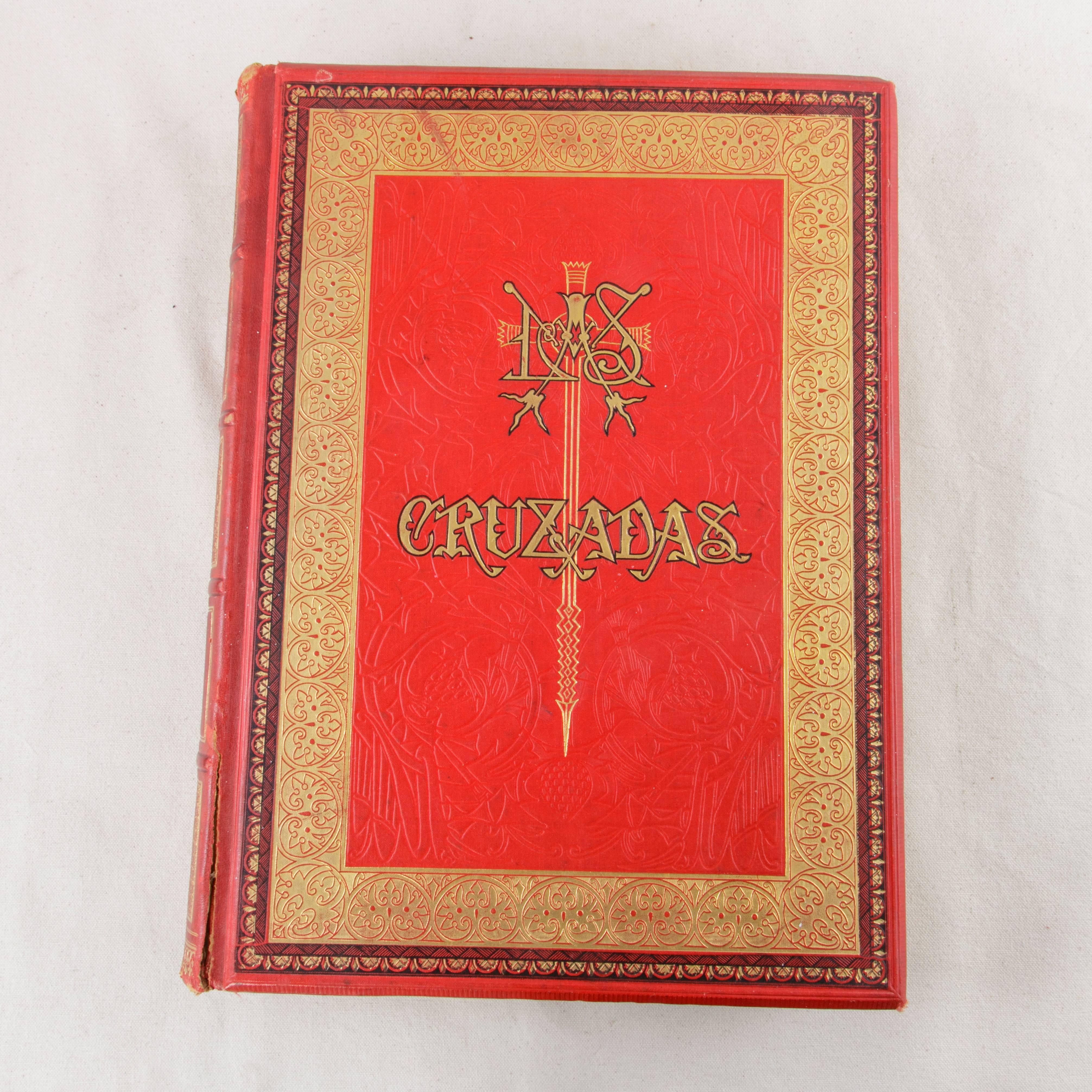 Late 19th Century Two Volume Set Large 19th Century Spanish Red and Gold Tooled Books the Crusades