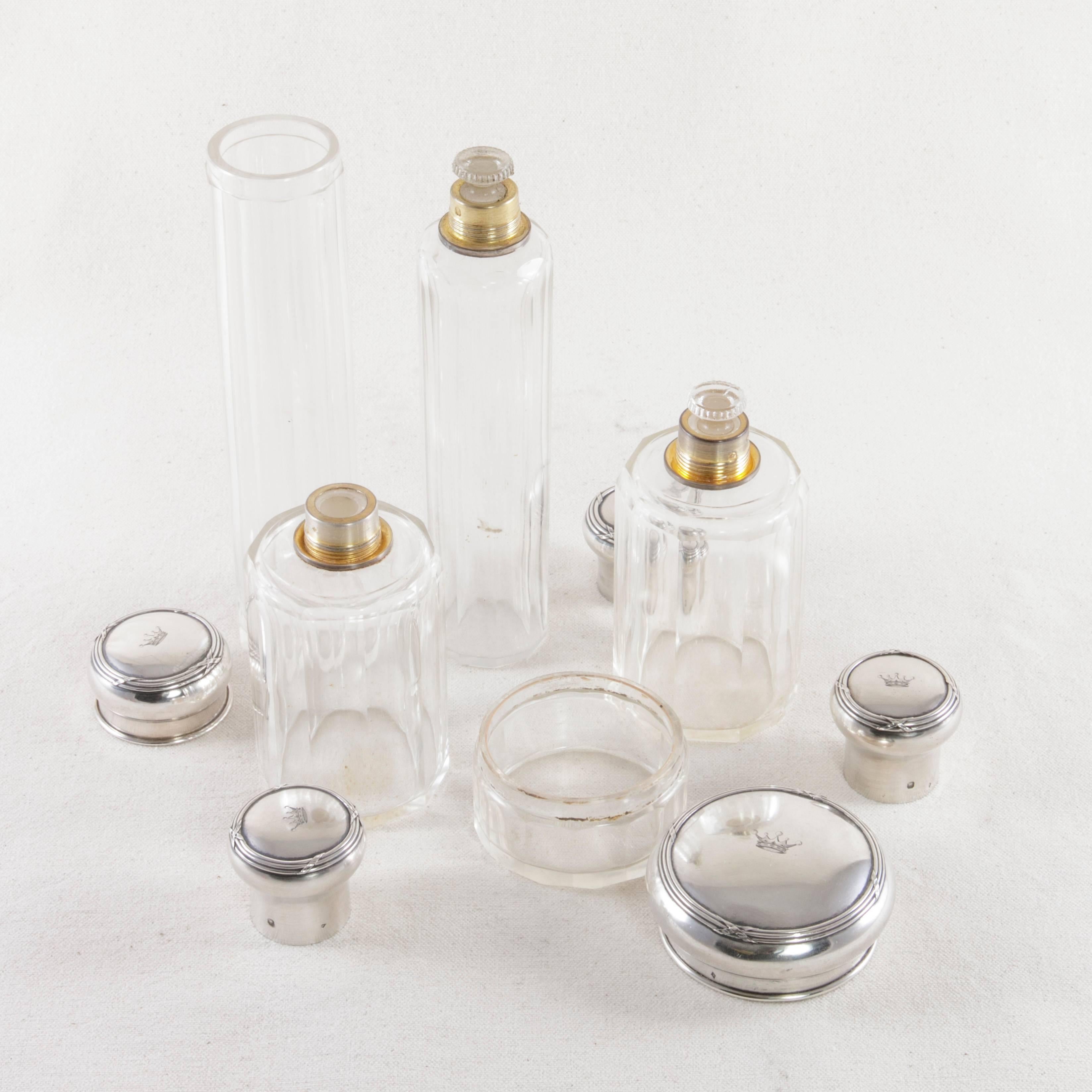 Early 20th Century Set of Five Crystal Vanity Bottles, Engraved Sterling Silver Lids, circa 1900