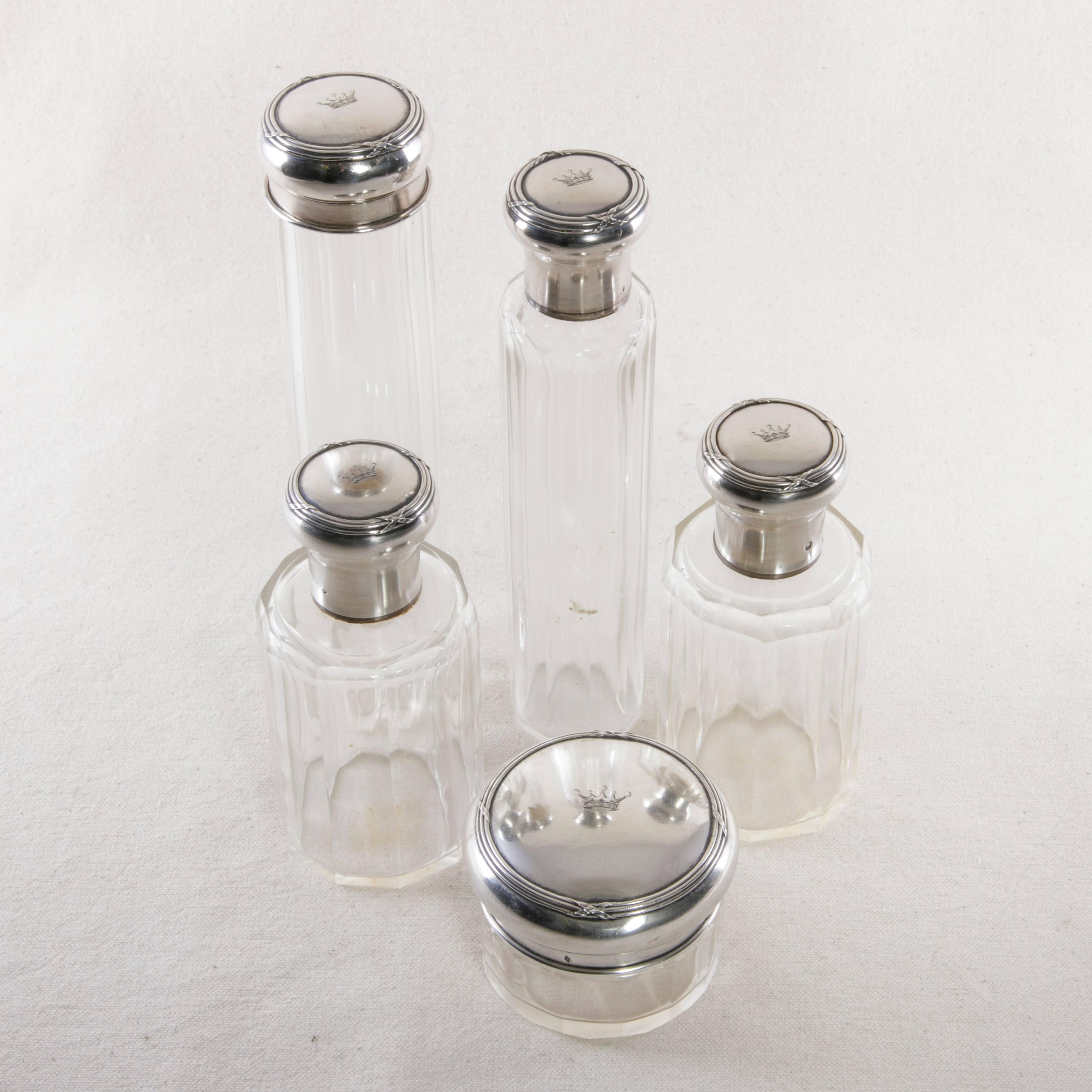 Set of Five Crystal Vanity Bottles, Engraved Sterling Silver Lids, circa 1900 In Excellent Condition In Fayetteville, AR