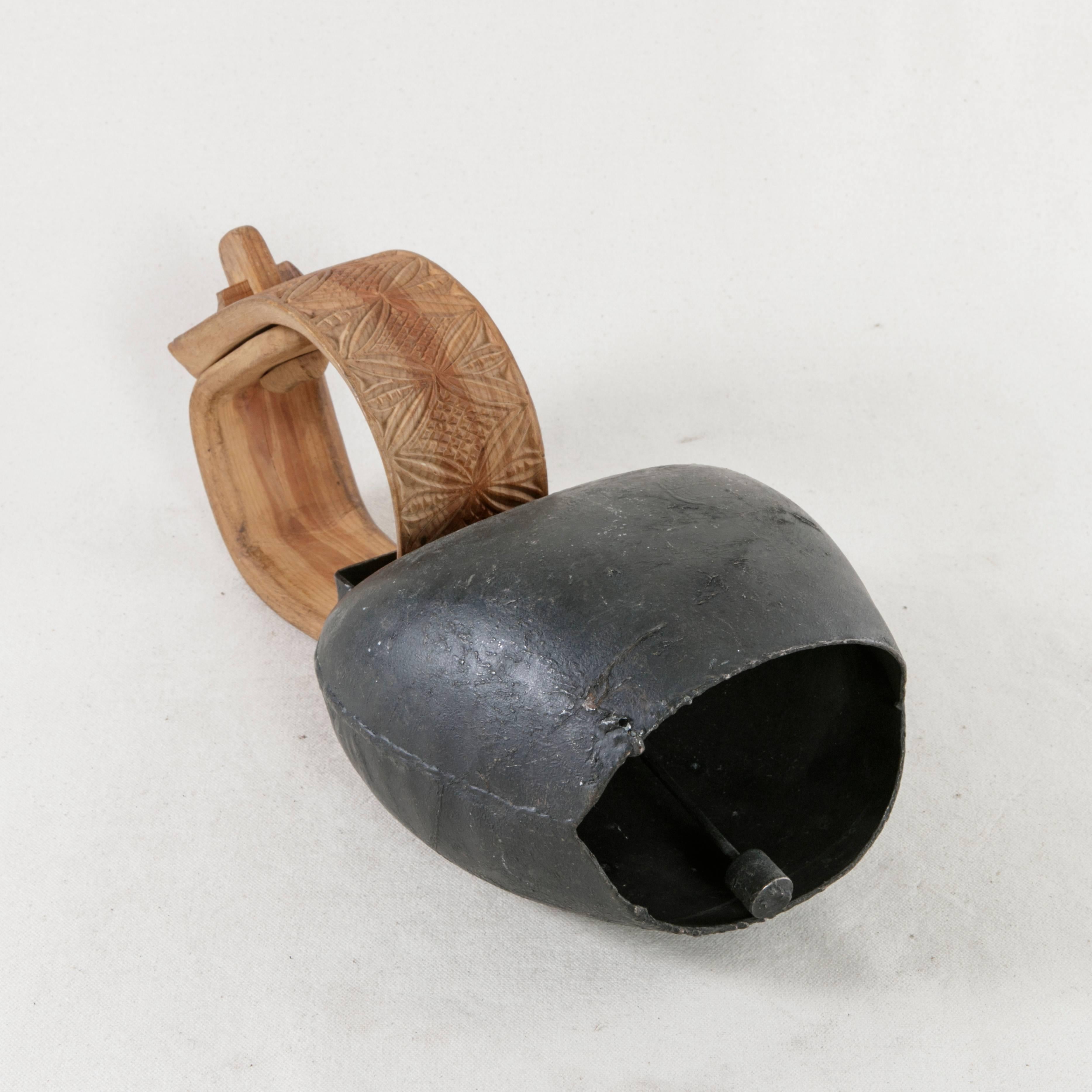 French Brass Goat Bell with Hand-Carved Wooden Collar, circa 1900 4