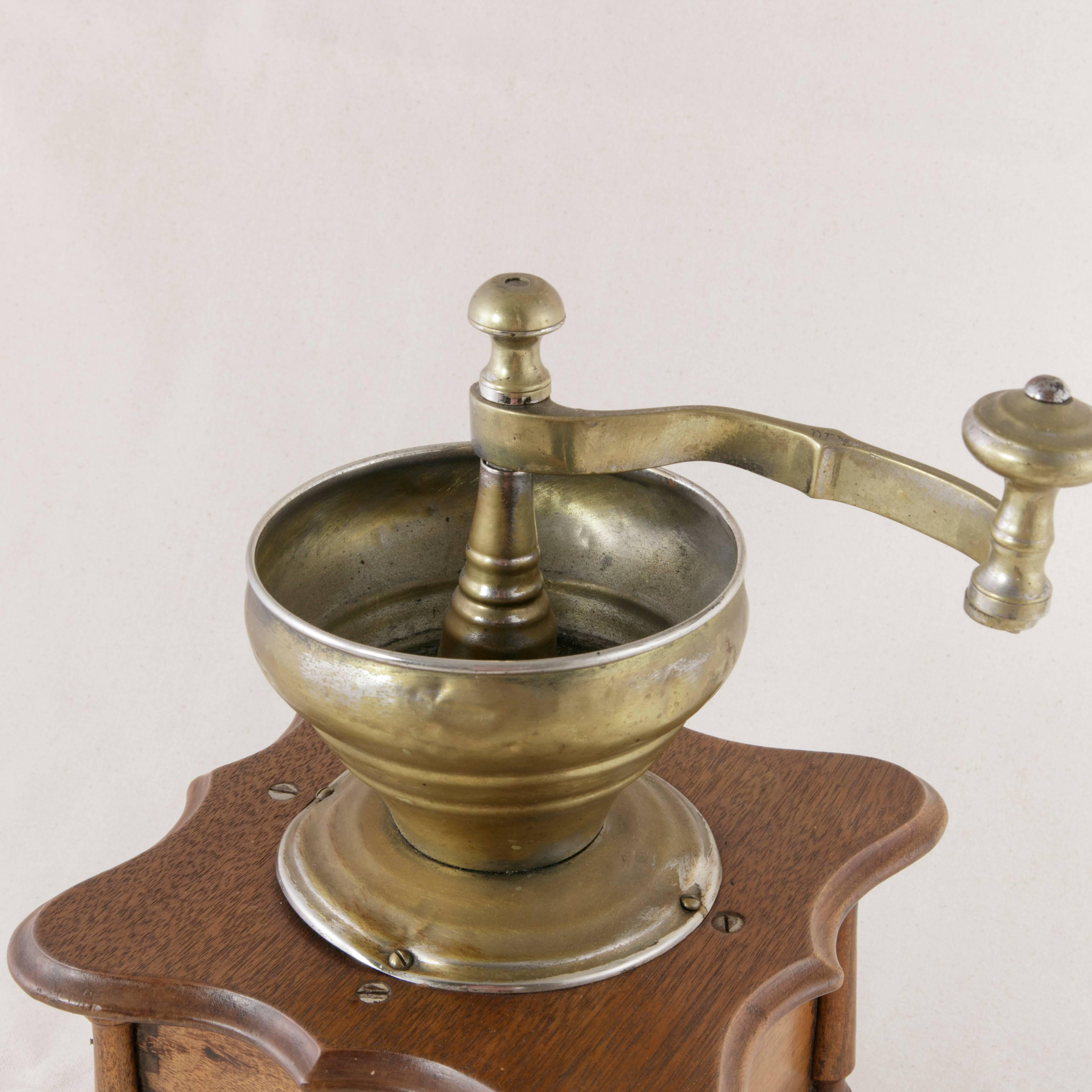 Wood Late 19th Century French Walnut Coffee Grinder with Brass Funnel and Mechanism