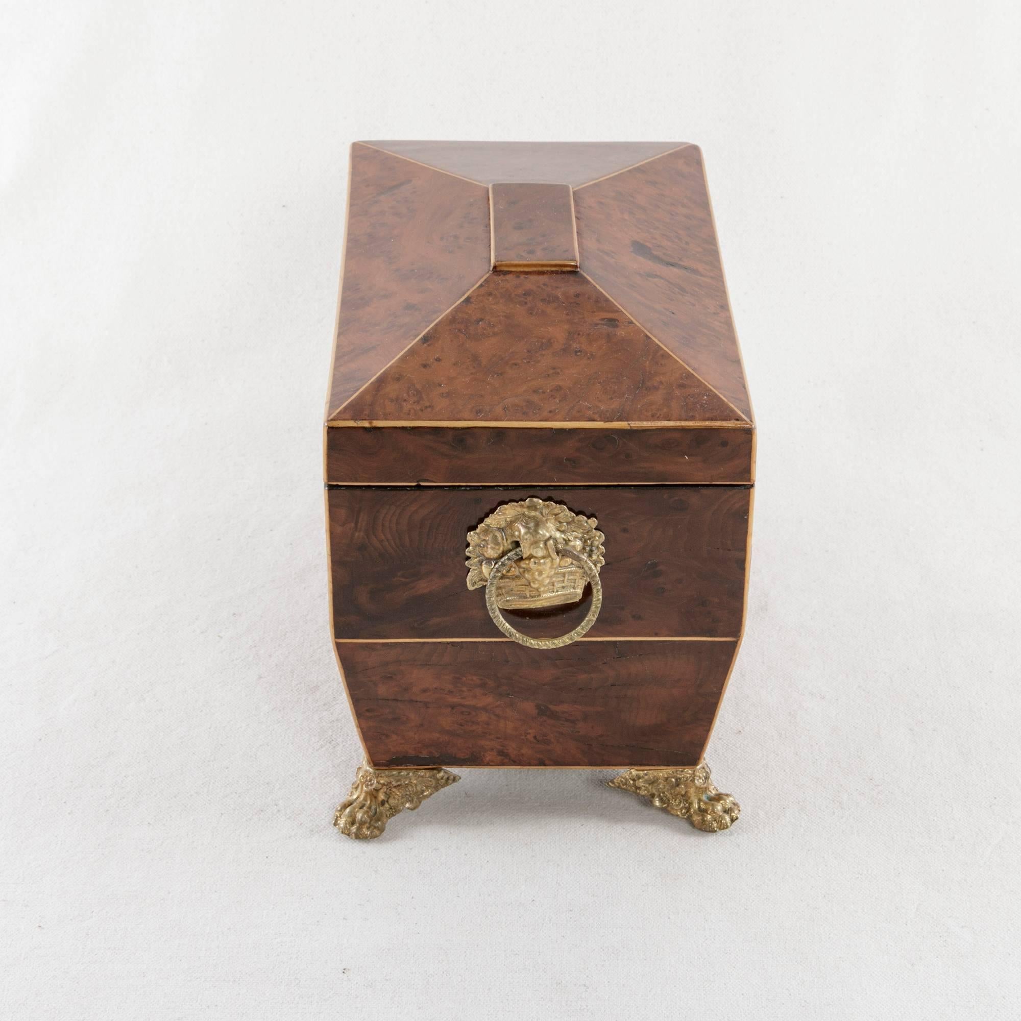 French Directoire Period Thuya Wood Tea Box with Lemonwood Inlay and Bronze Feet In Excellent Condition In Fayetteville, AR