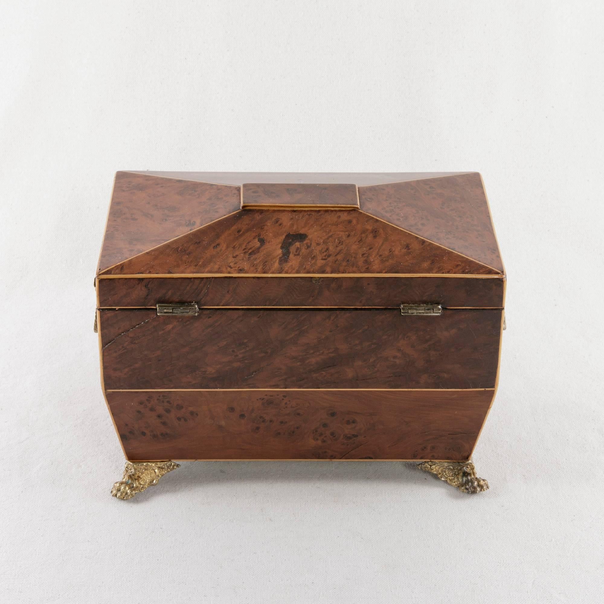 18th Century French Directoire Period Thuya Wood Tea Box with Lemonwood Inlay and Bronze Feet