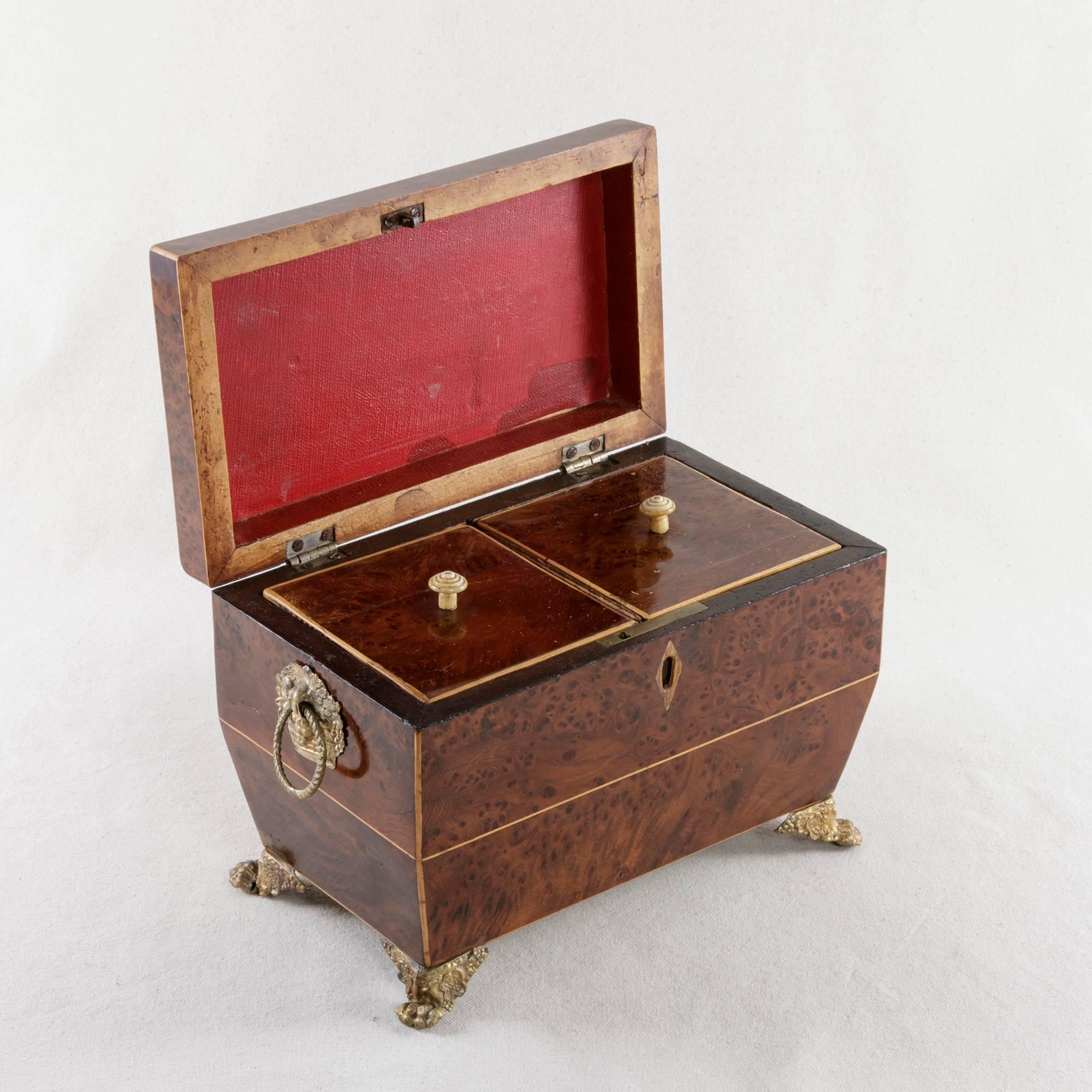 French Directoire Period Thuya Wood Tea Box with Lemonwood Inlay and Bronze Feet 2