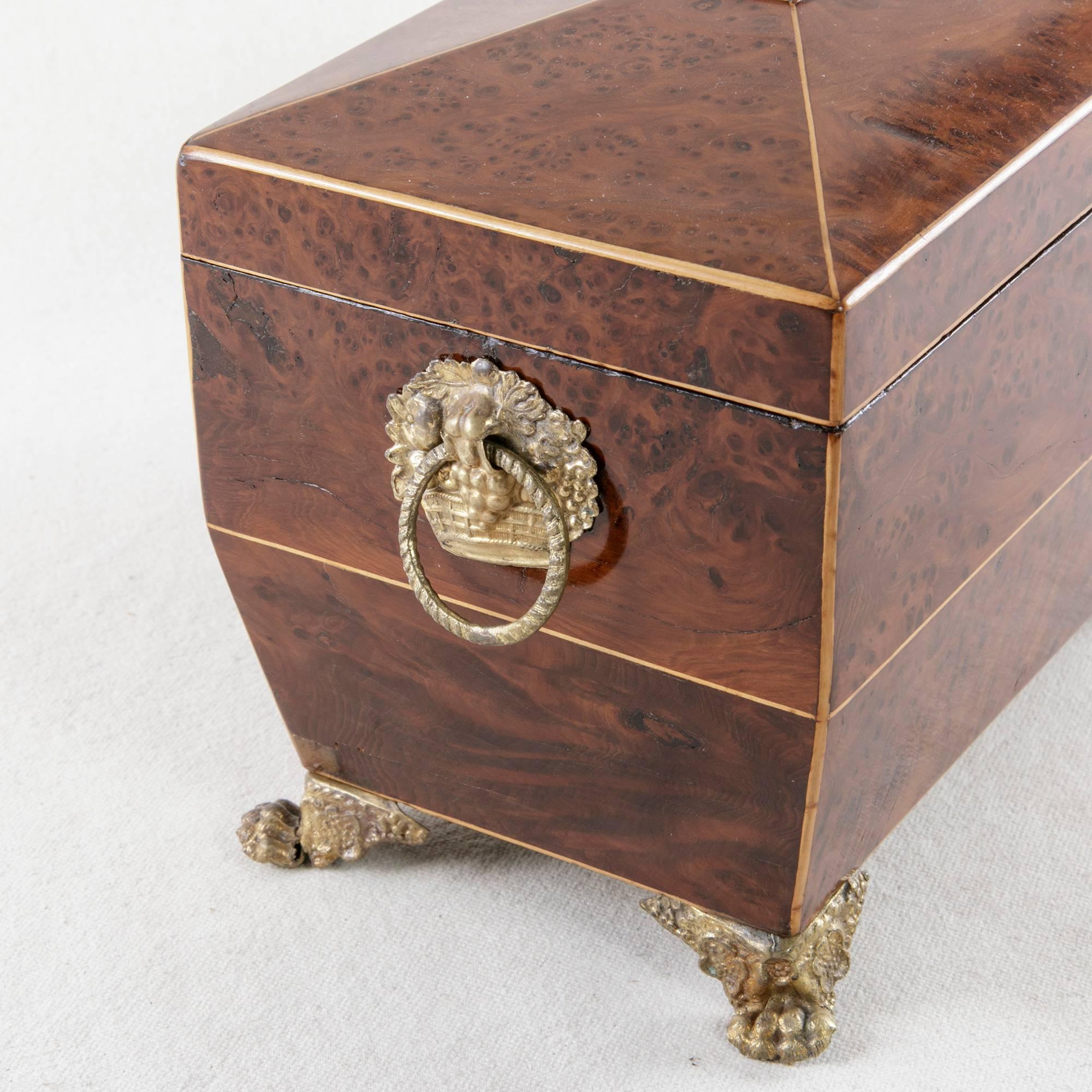 French Directoire Period Thuya Wood Tea Box with Lemonwood Inlay and Bronze Feet 4