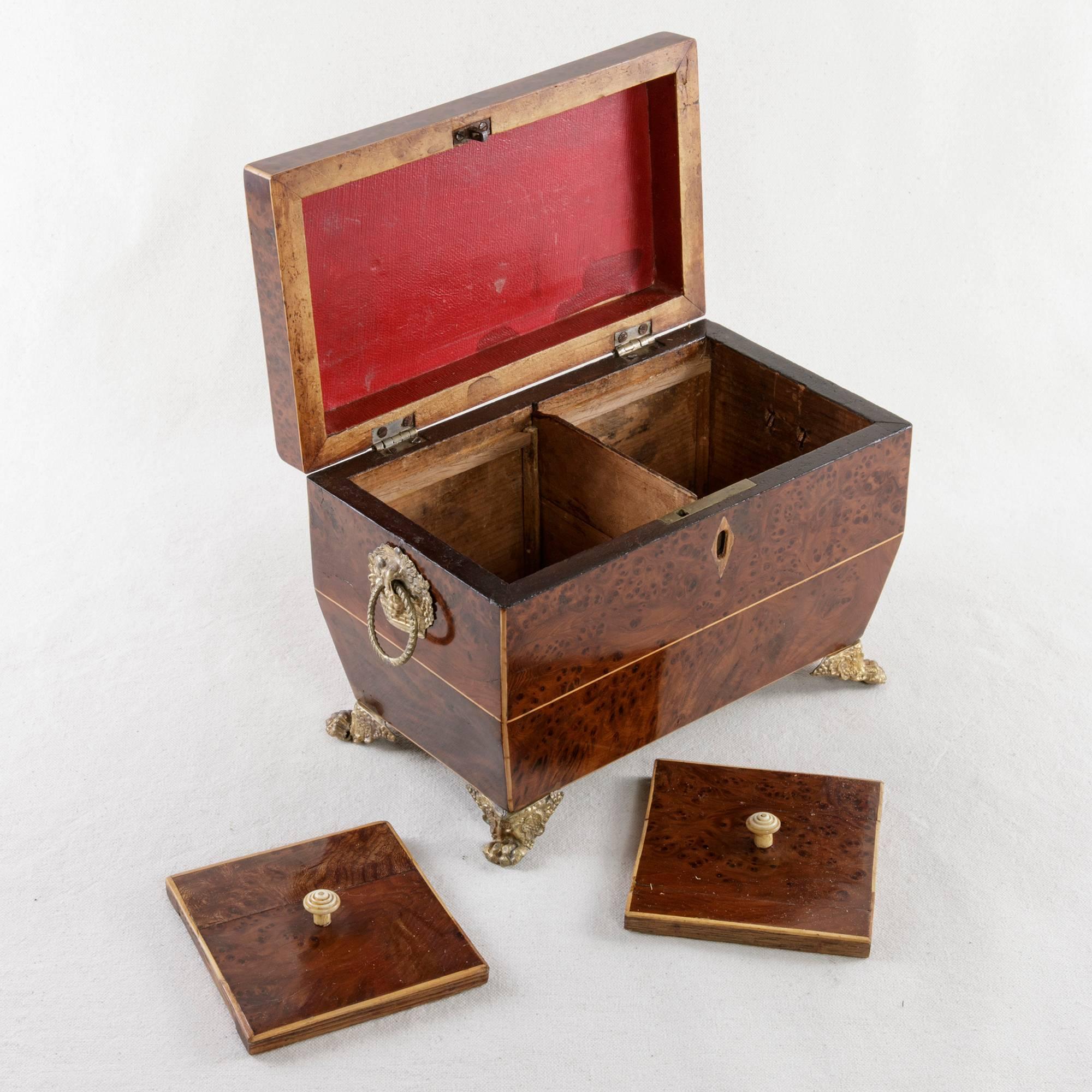 French Directoire Period Thuya Wood Tea Box with Lemonwood Inlay and Bronze Feet 3