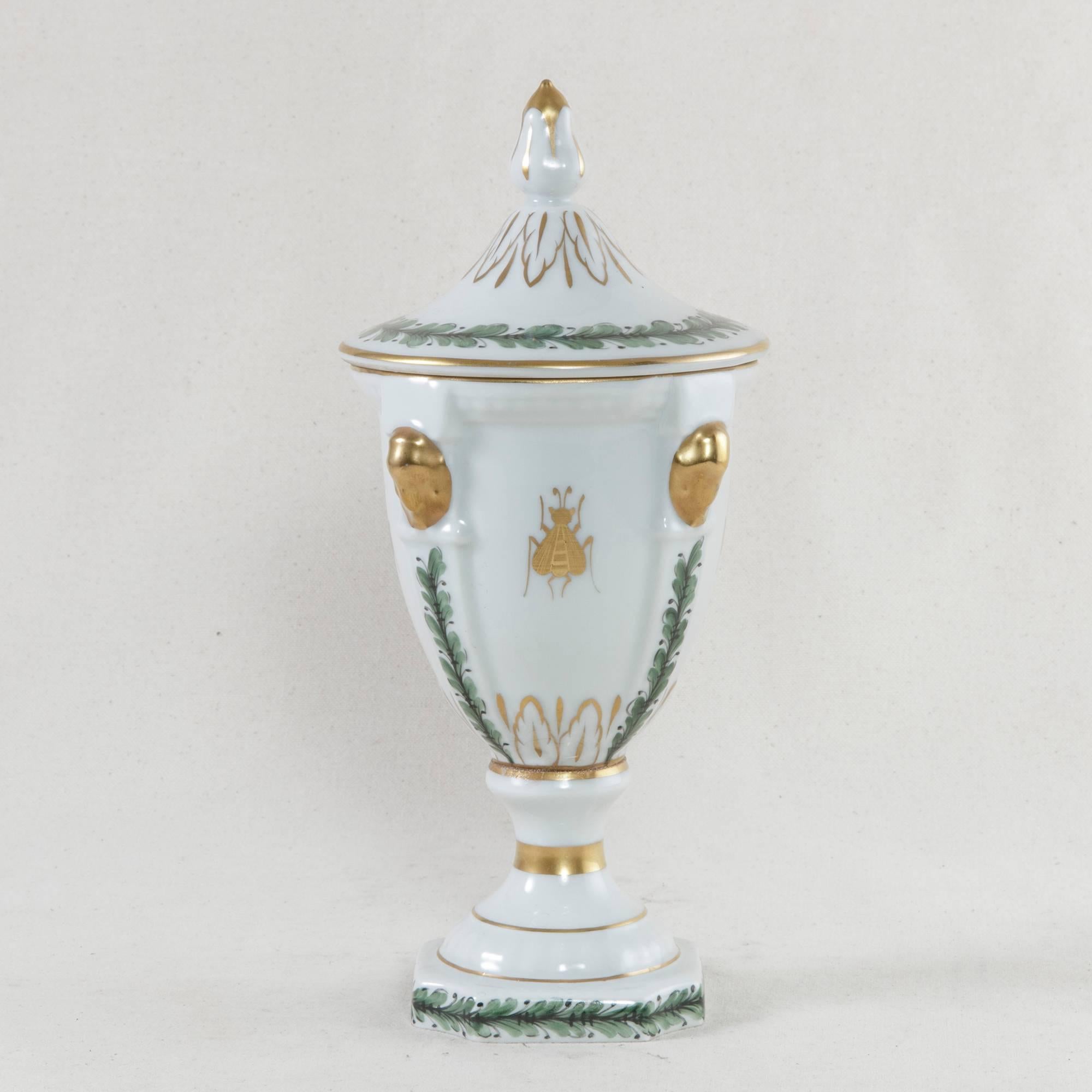 19th Century French Hand-Painted Porcelain Urn with Lid and Napoleonic Bee Motif 1