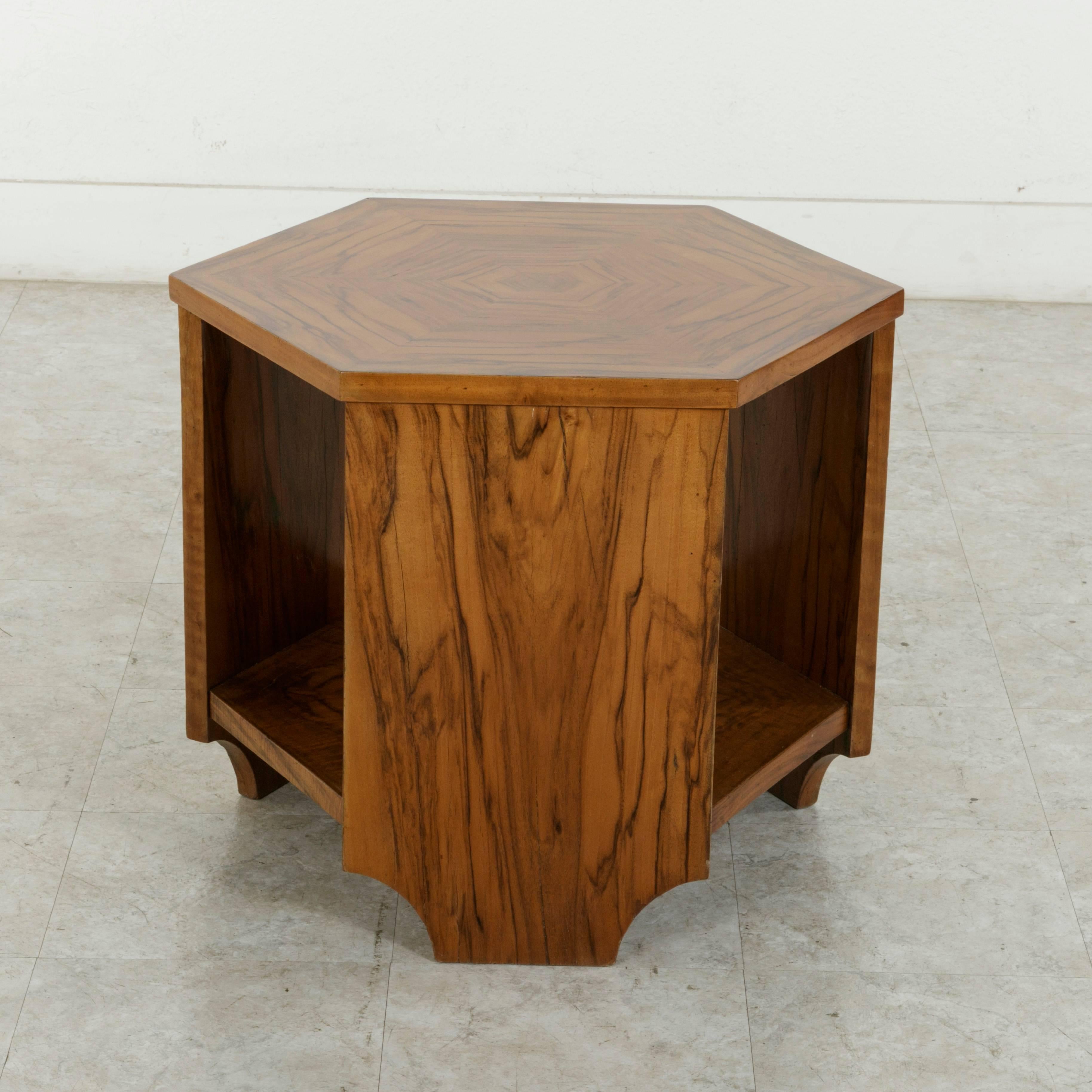 Early 20th Century French Art Deco Period Bookmatched Walnut Hexagon Side Table 5